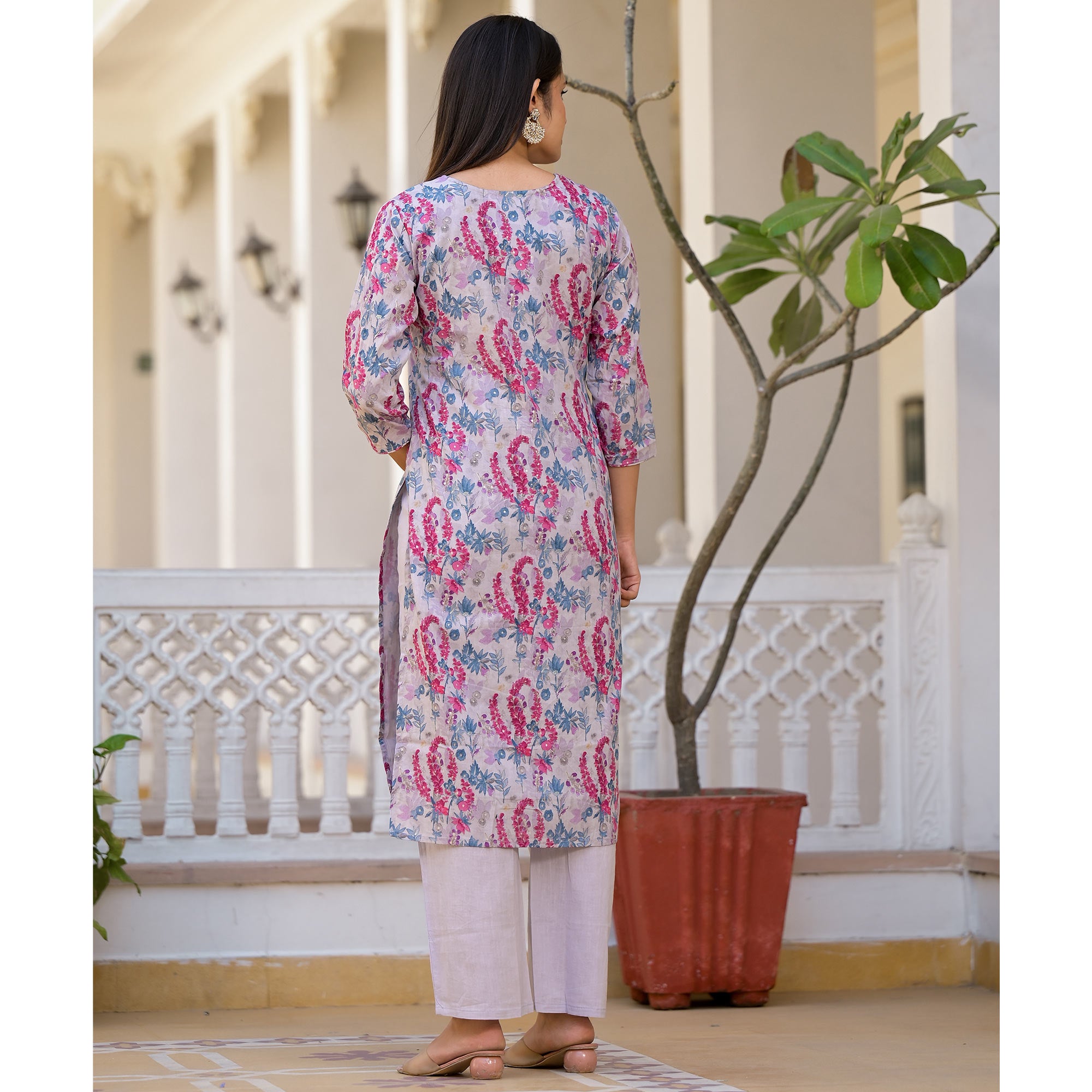 Grey Floral Printed Mulmul Cotton Salwar Suit With Handcrafted