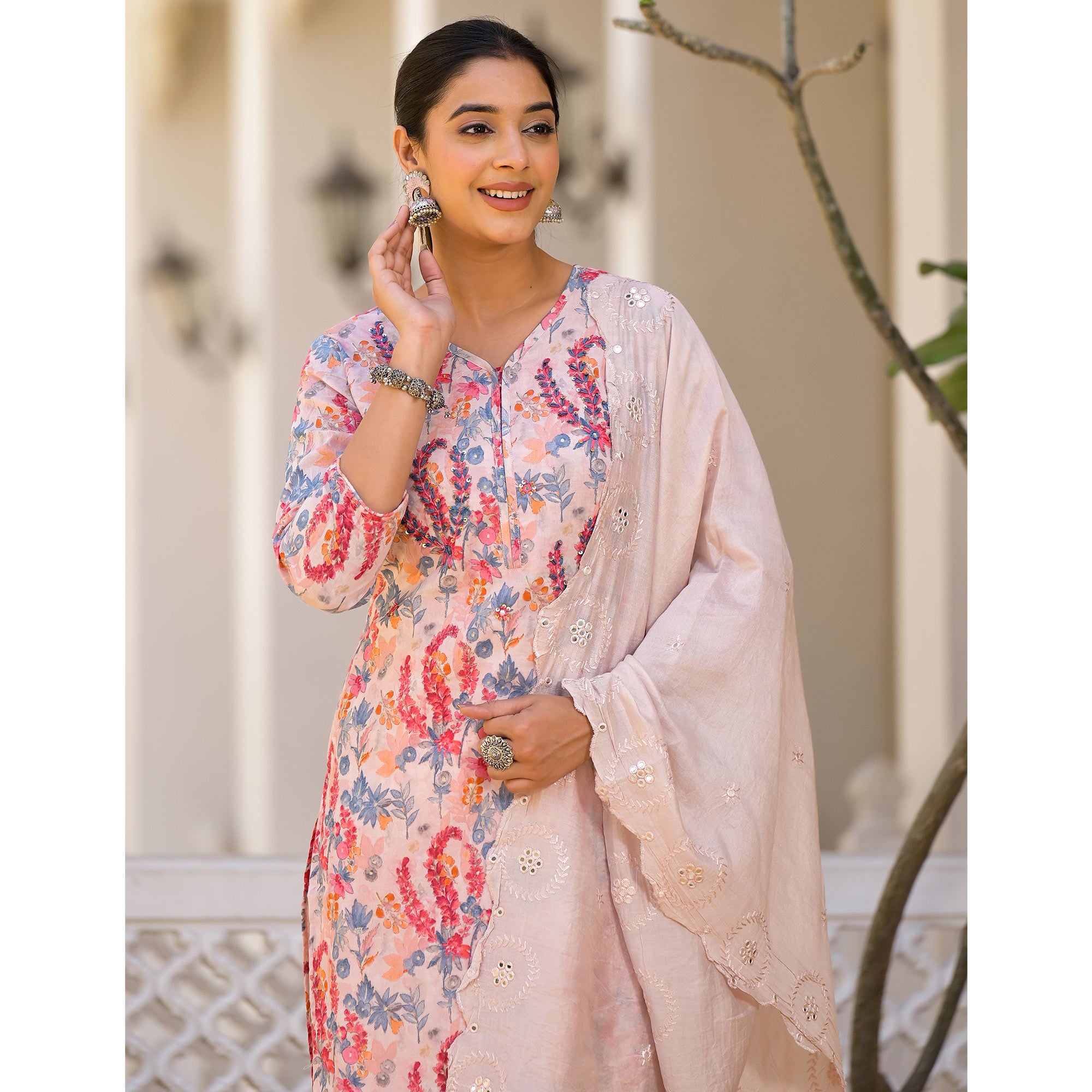Peach Floral Printed Mulmul Cotton Salwar Suit With Handcrafted