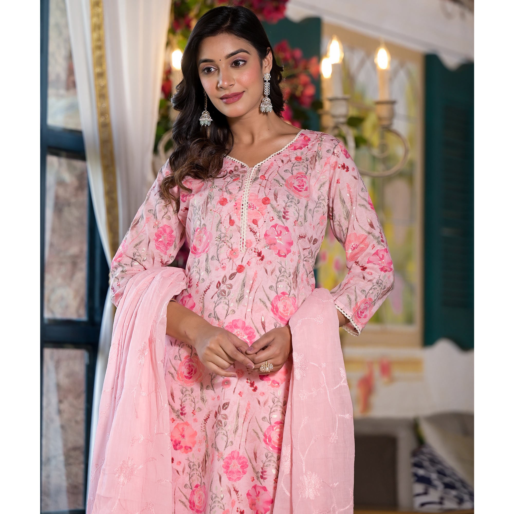 Pink Floral Printed Mulmul Cotton Straight Salwar Suit