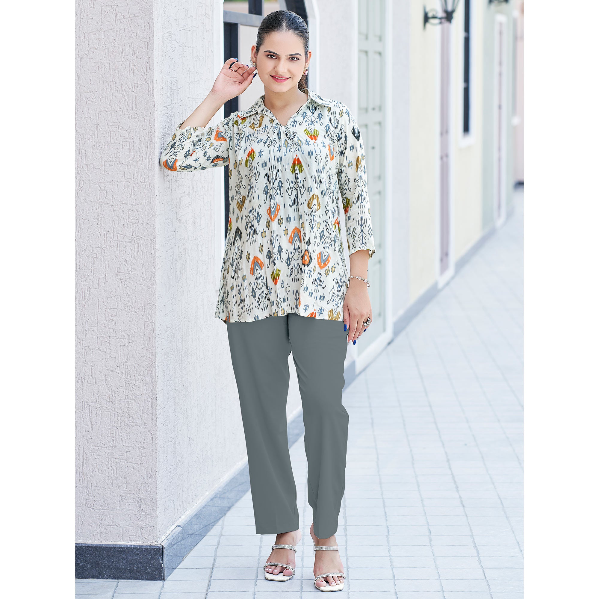 White & Orange Printed Chanderi Silk Top