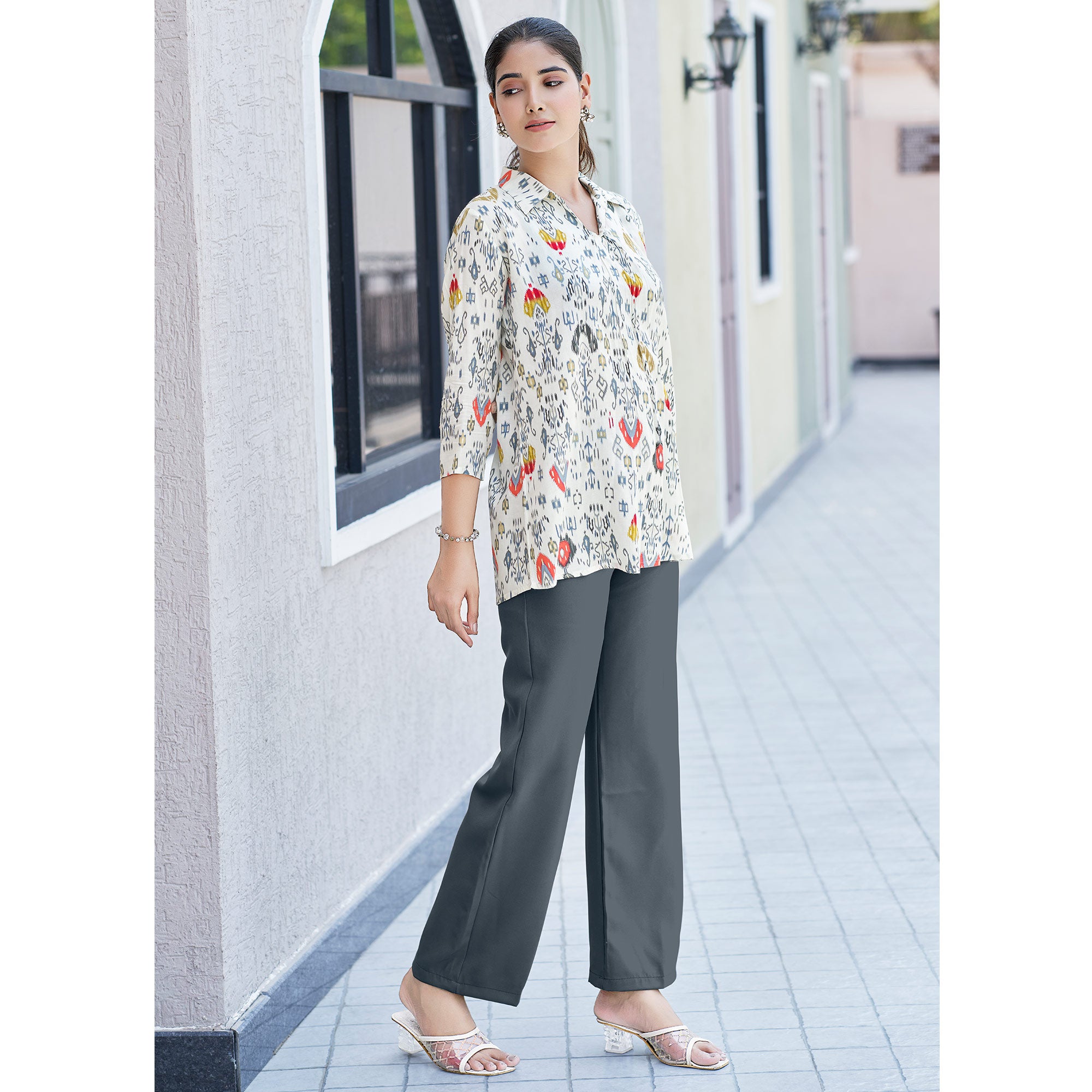 White & Red Printed Chanderi Silk A-Line Top