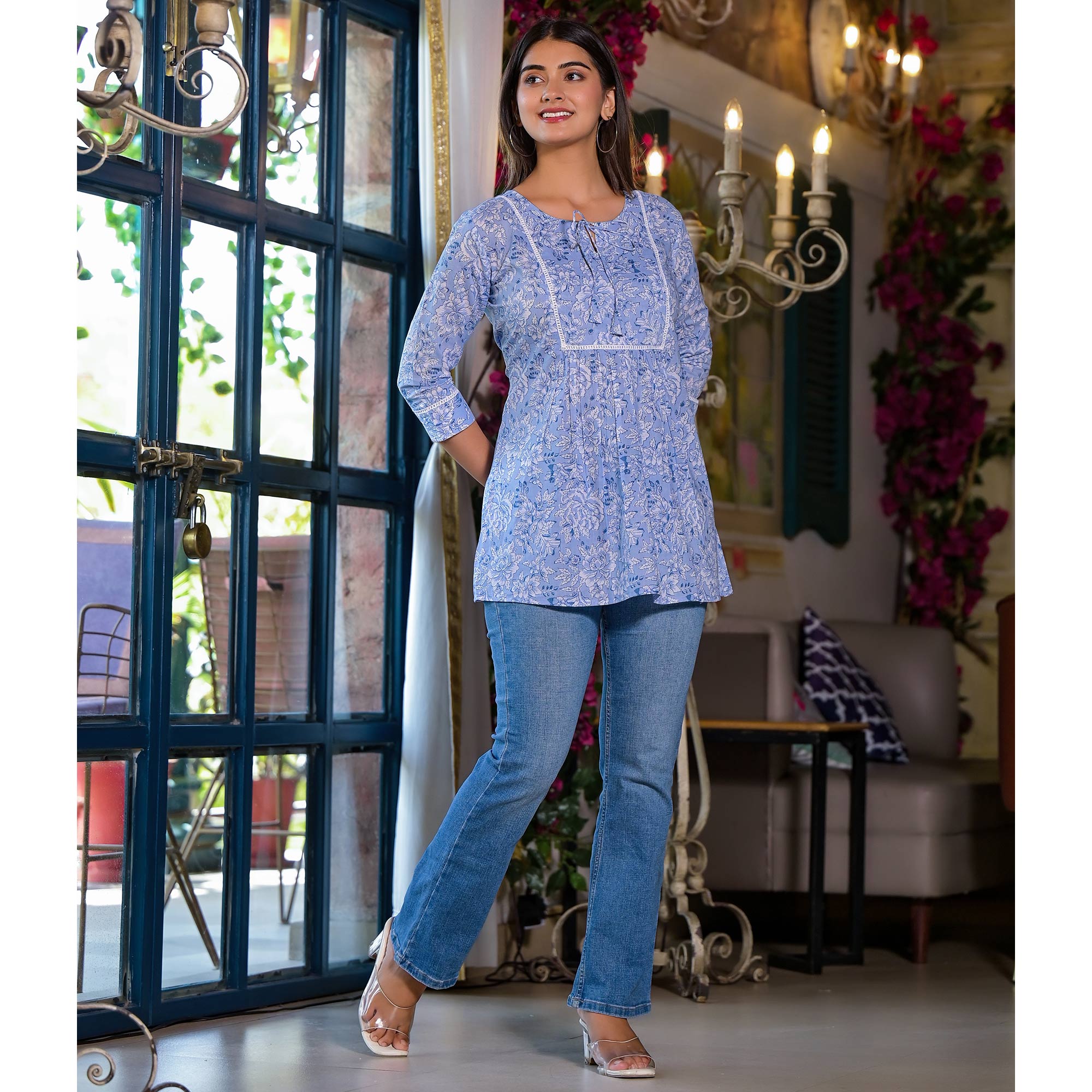 Blue Floral Printed Pure Cotton A-Line Top