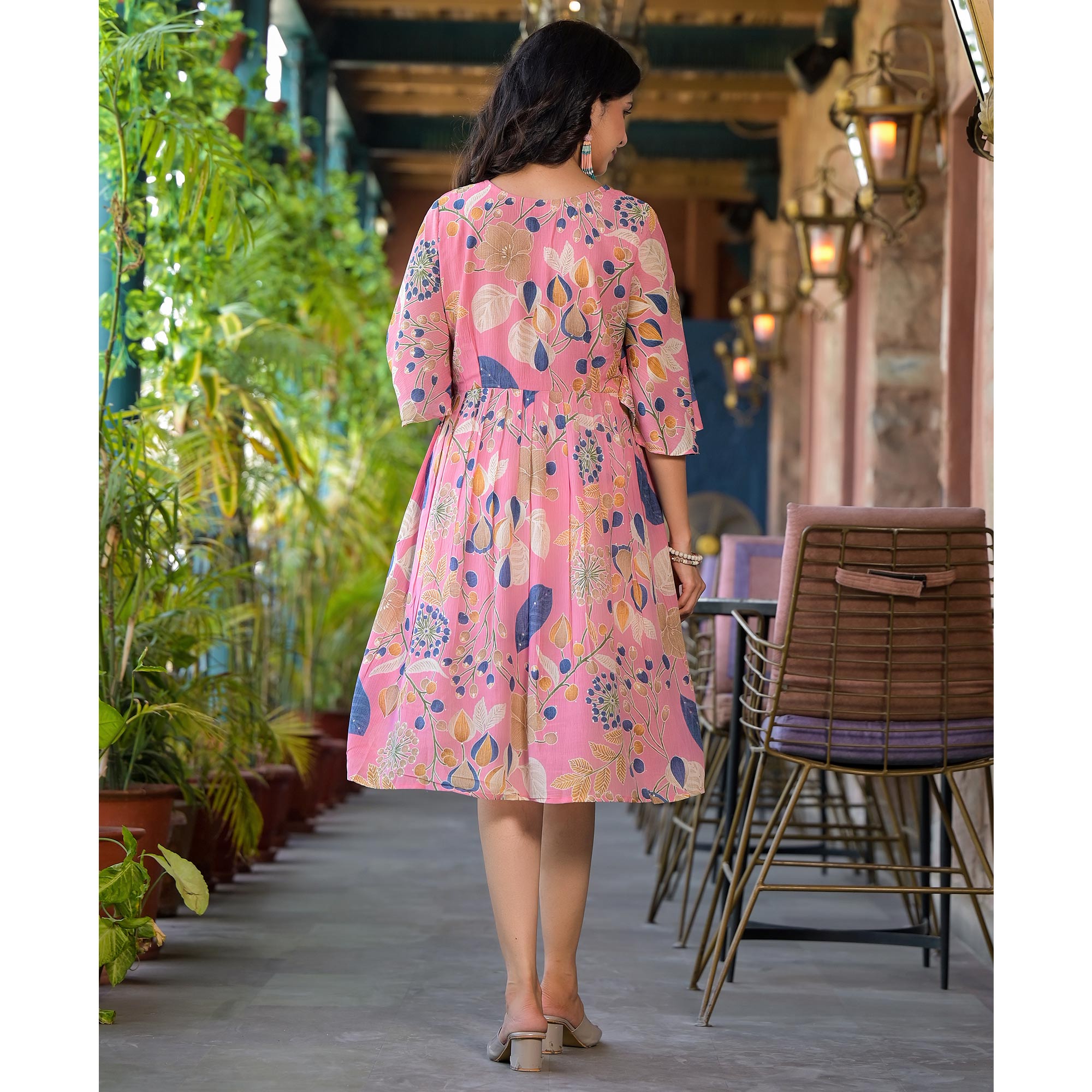 Pink Floral Foil Printed Chiffon A-Line Dress