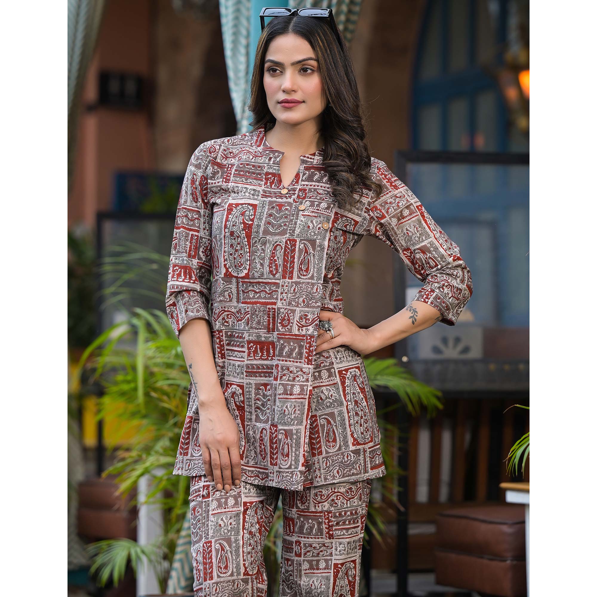 Red Printed Pure Cotton Angrakha Co-Ord Set