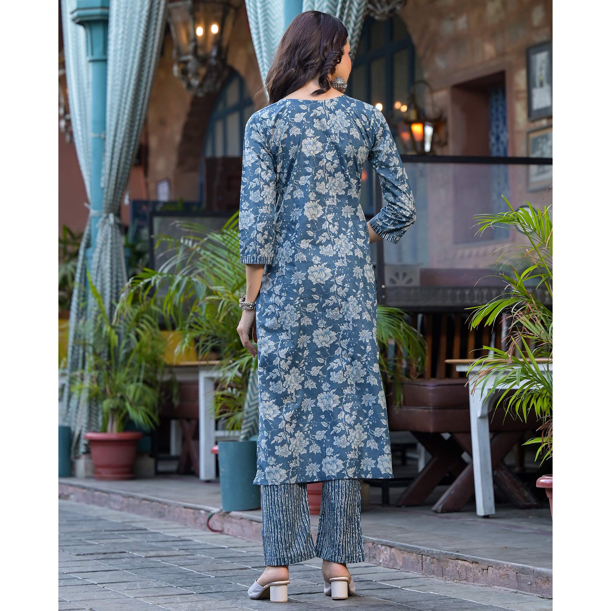 Blue Floral Printed With Katha Work Pure Cotton Straight Salwar Suit