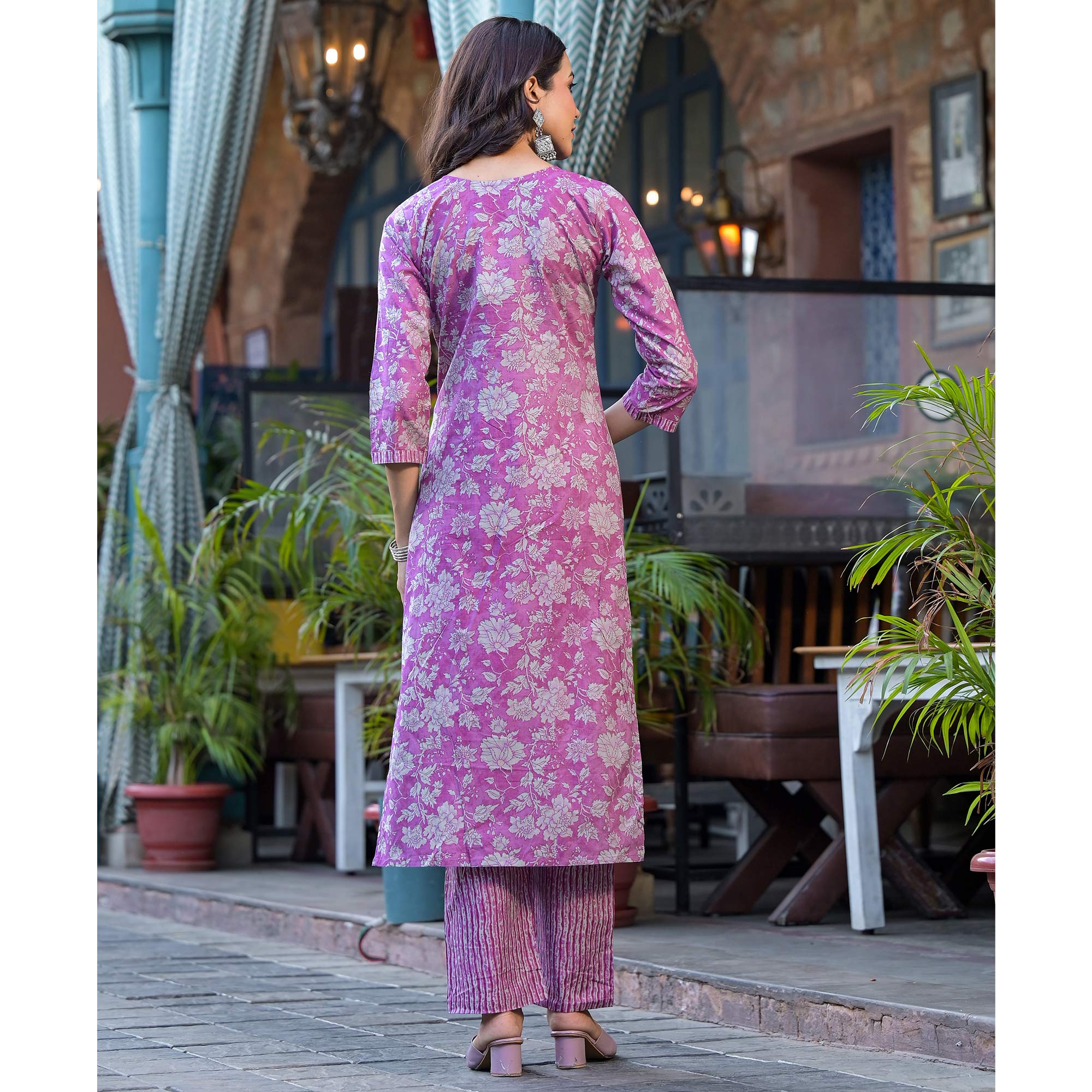 Purple Floral Printed With Katha Work Pure Cotton Straight Salwar Suit