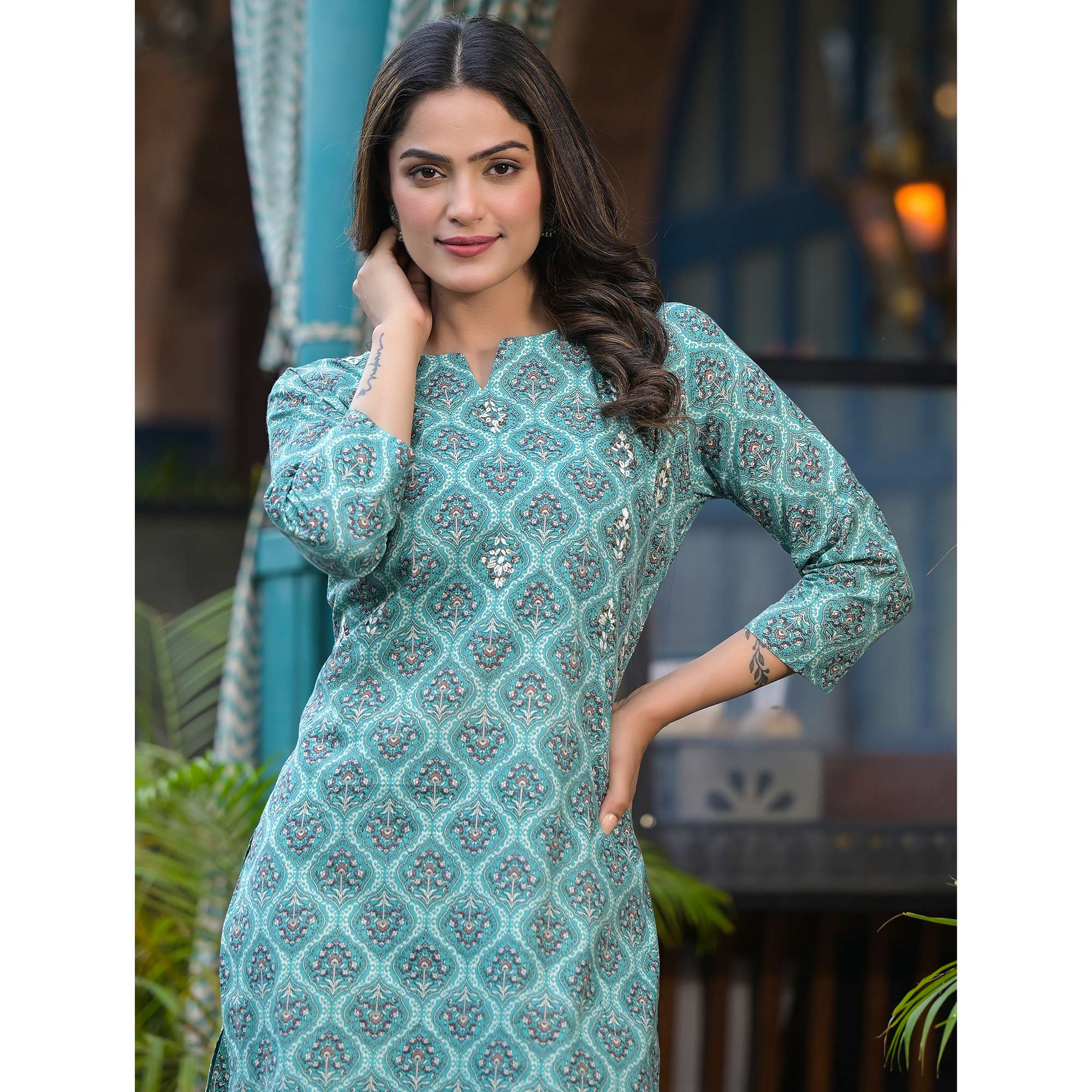 Sea Green Floral Printed Pure Cotton Kurti Set
