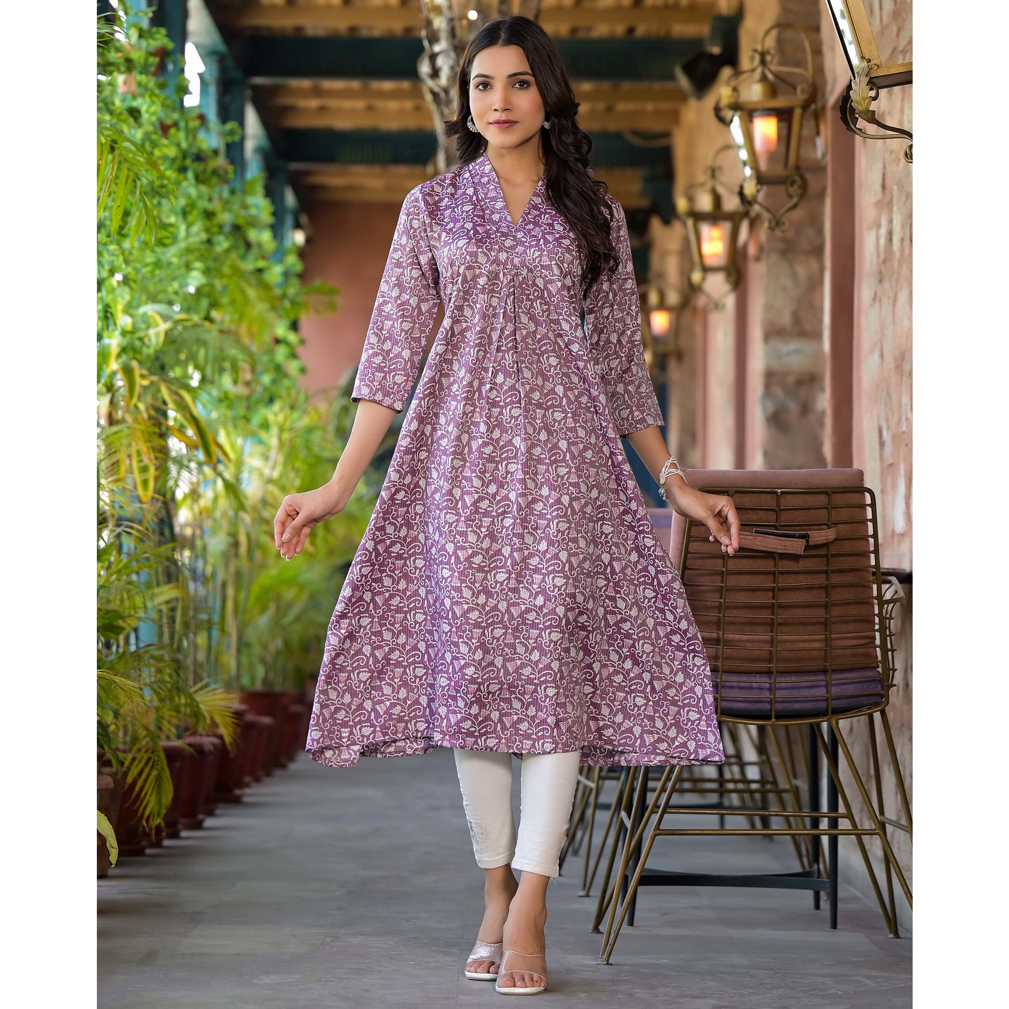 Purple Floral Printed Rayon A-line Kurti