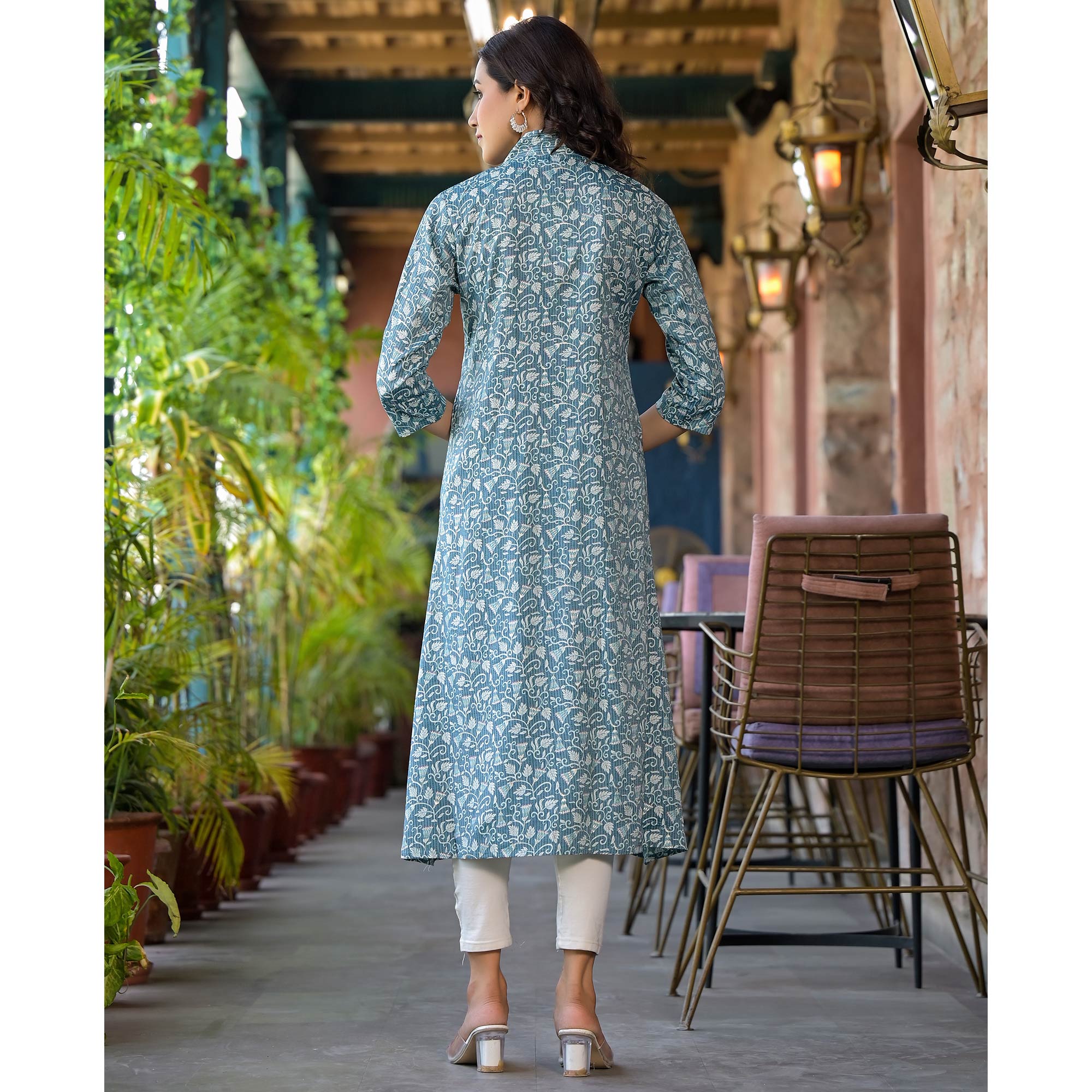 Turquoise Floral Printed Rayon A-line Kurti