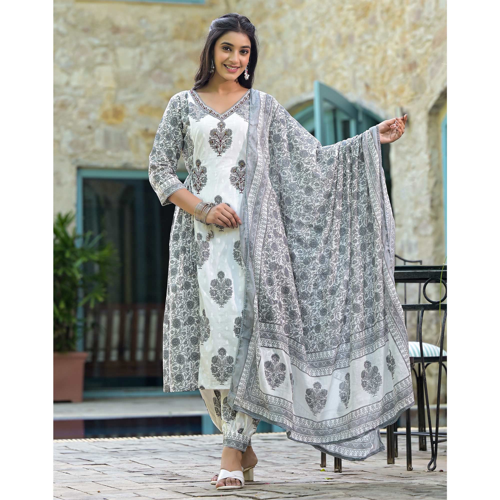 White Floral Printed Pure Cotton Salwar Suit With Beads Work