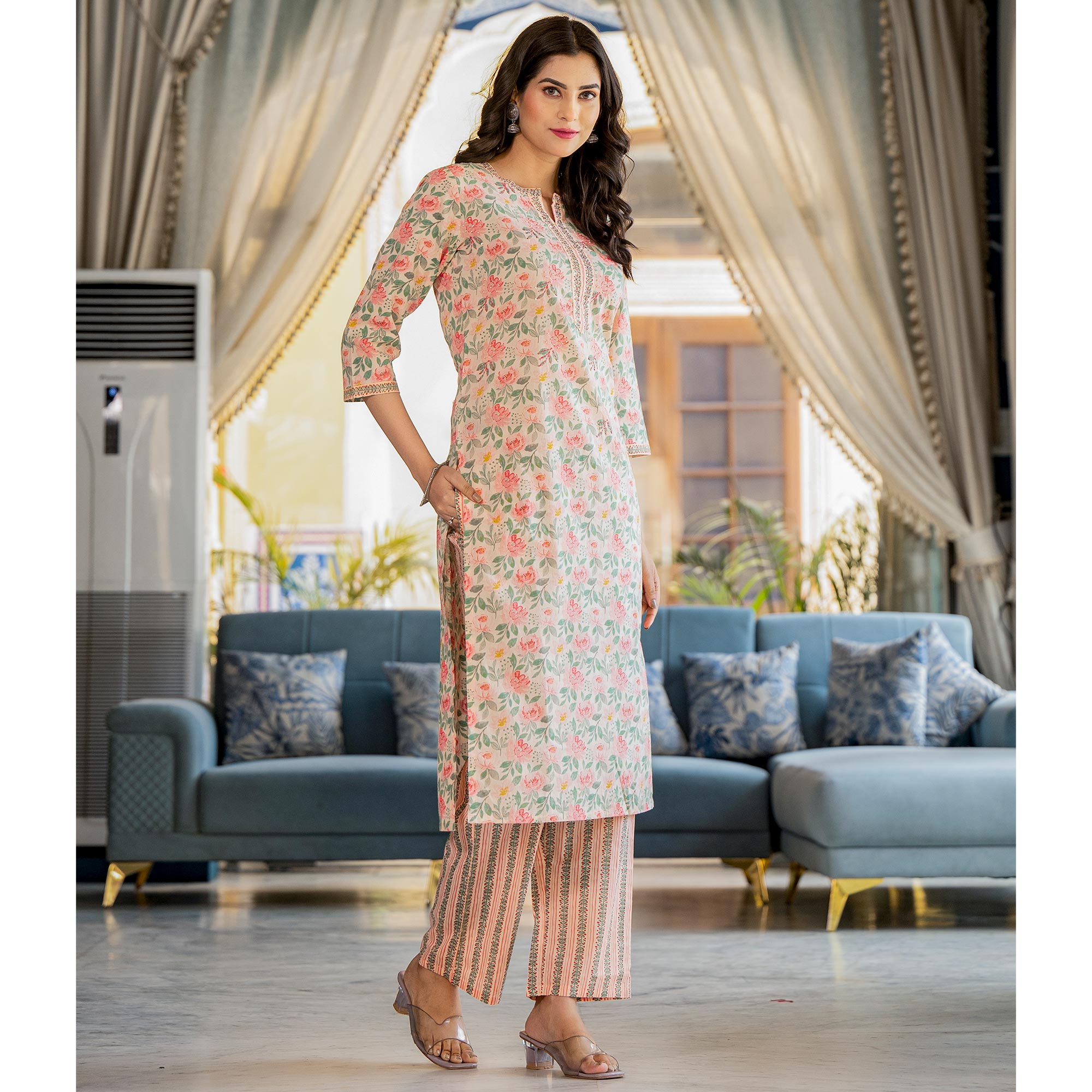 Peach Floral Printed Pure Cotton Salwar Suit