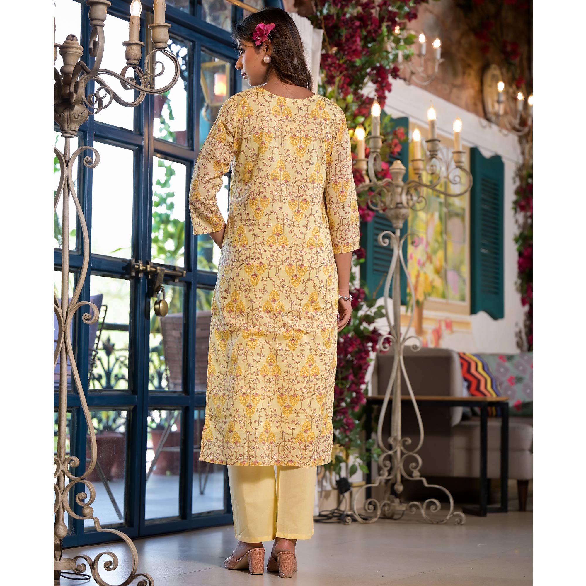 Yellow Floral Printed Mulmul Cotton Straight Salwar Suit