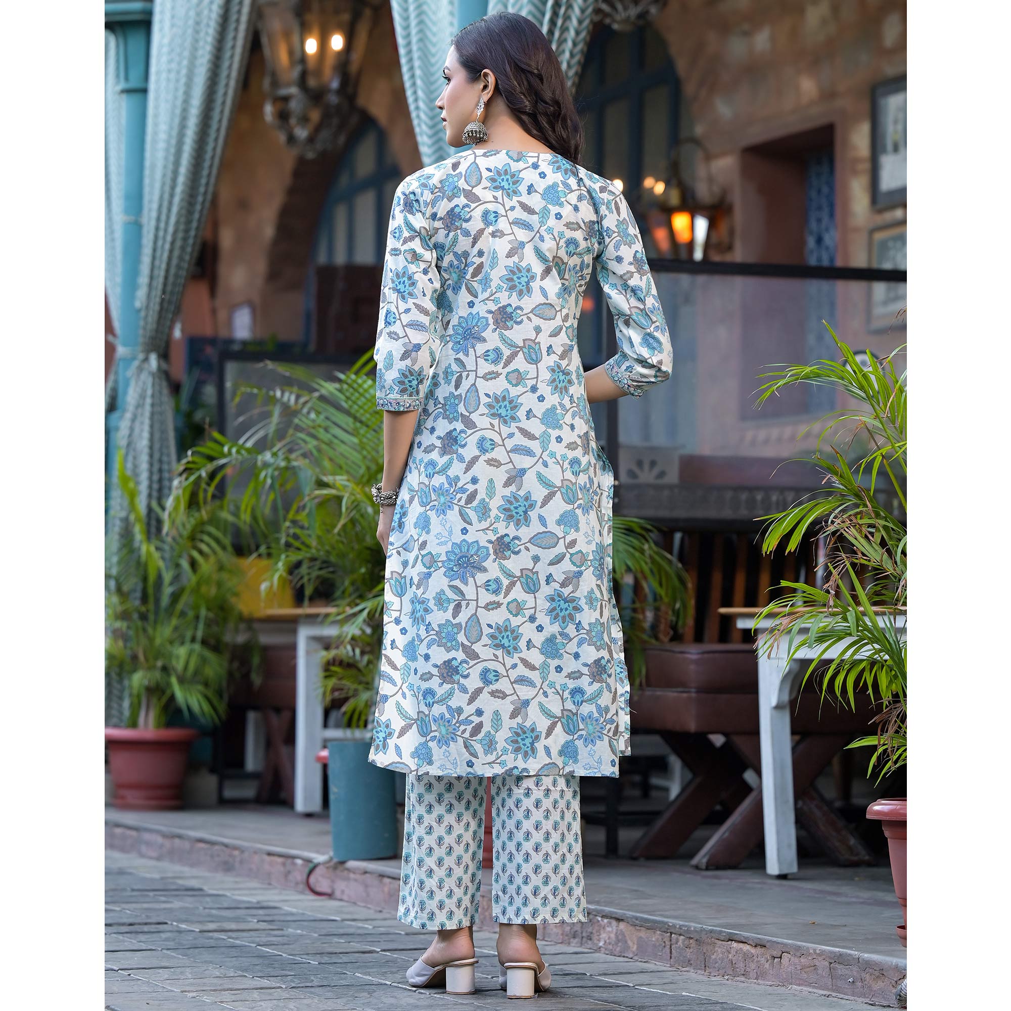 White & Blue Floral Printed Pure Cotton Salwar Suit