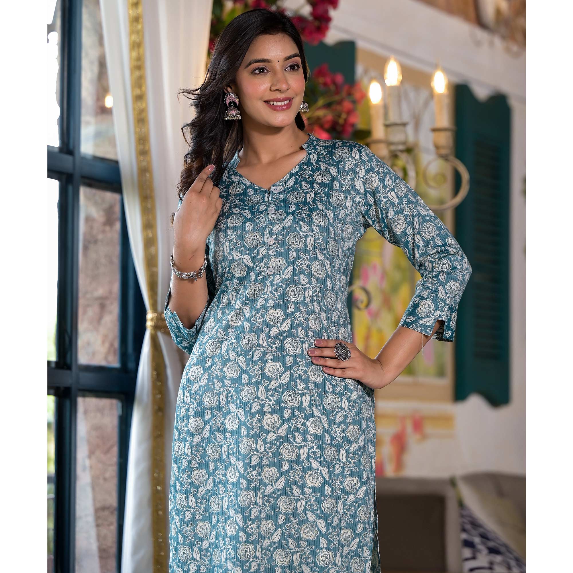 Pine Green Floral Printed Rayon Straight Kurti