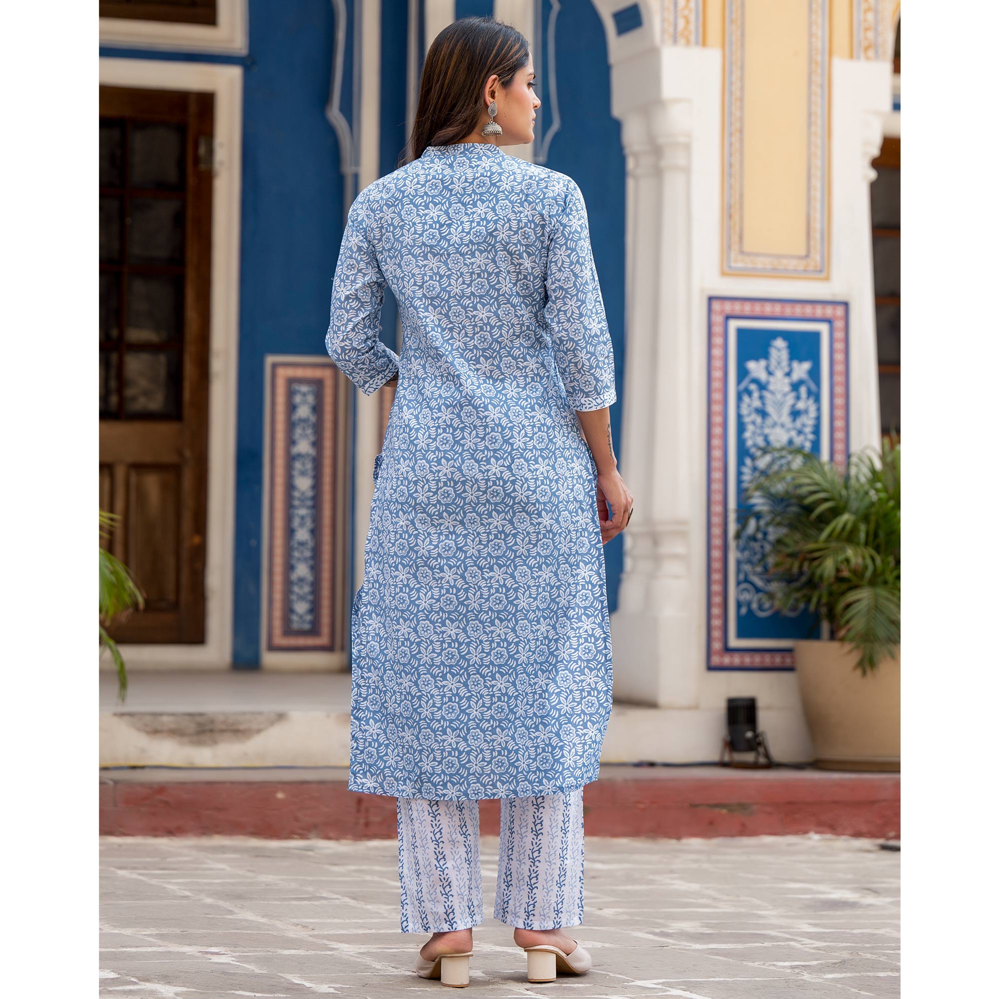 Blue Floral Printed Pure Cotton Salwar Suit