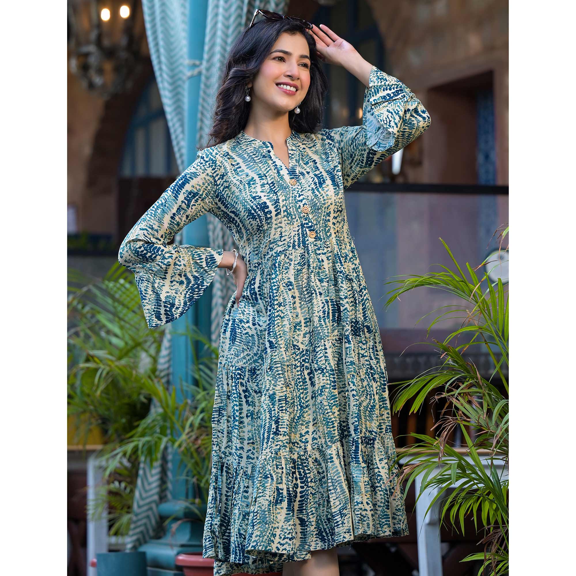 Morpich Blue Printed Rayon Anarkali Dress