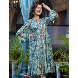 Morpich Blue Printed Rayon Anarkali Dress