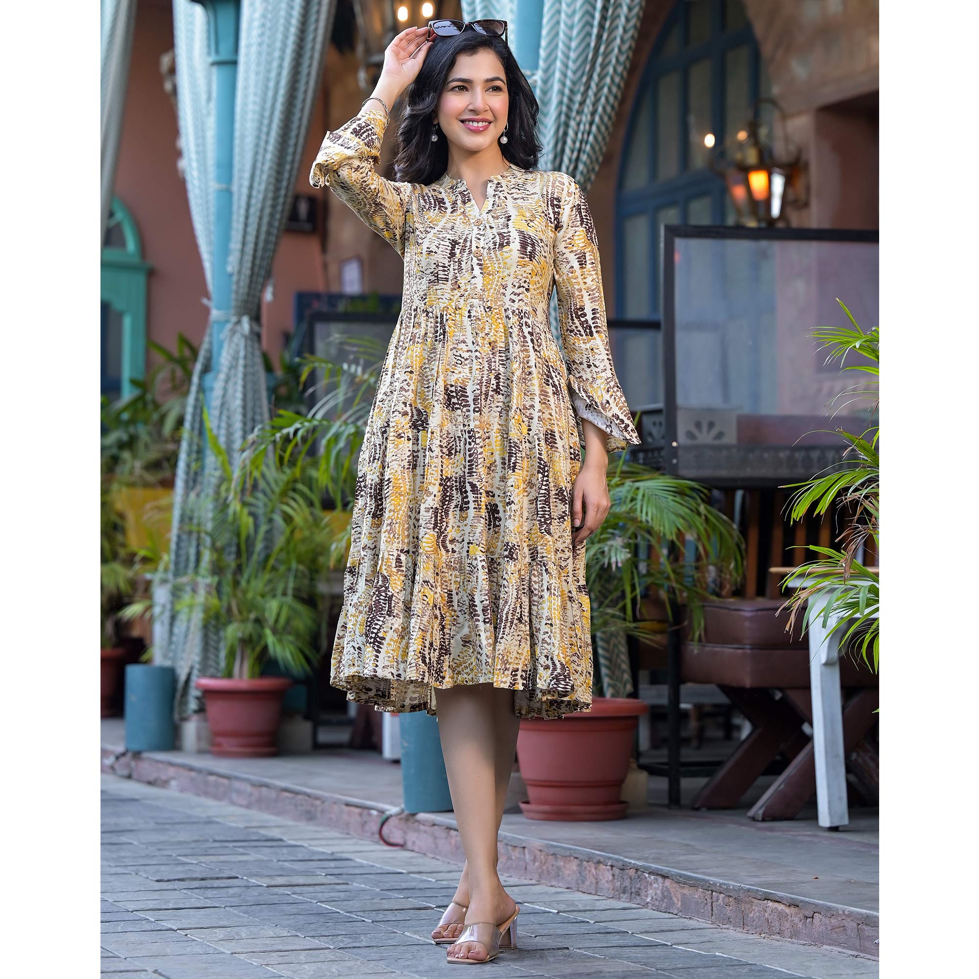 Yellow Printed Rayon Anarkali Dress