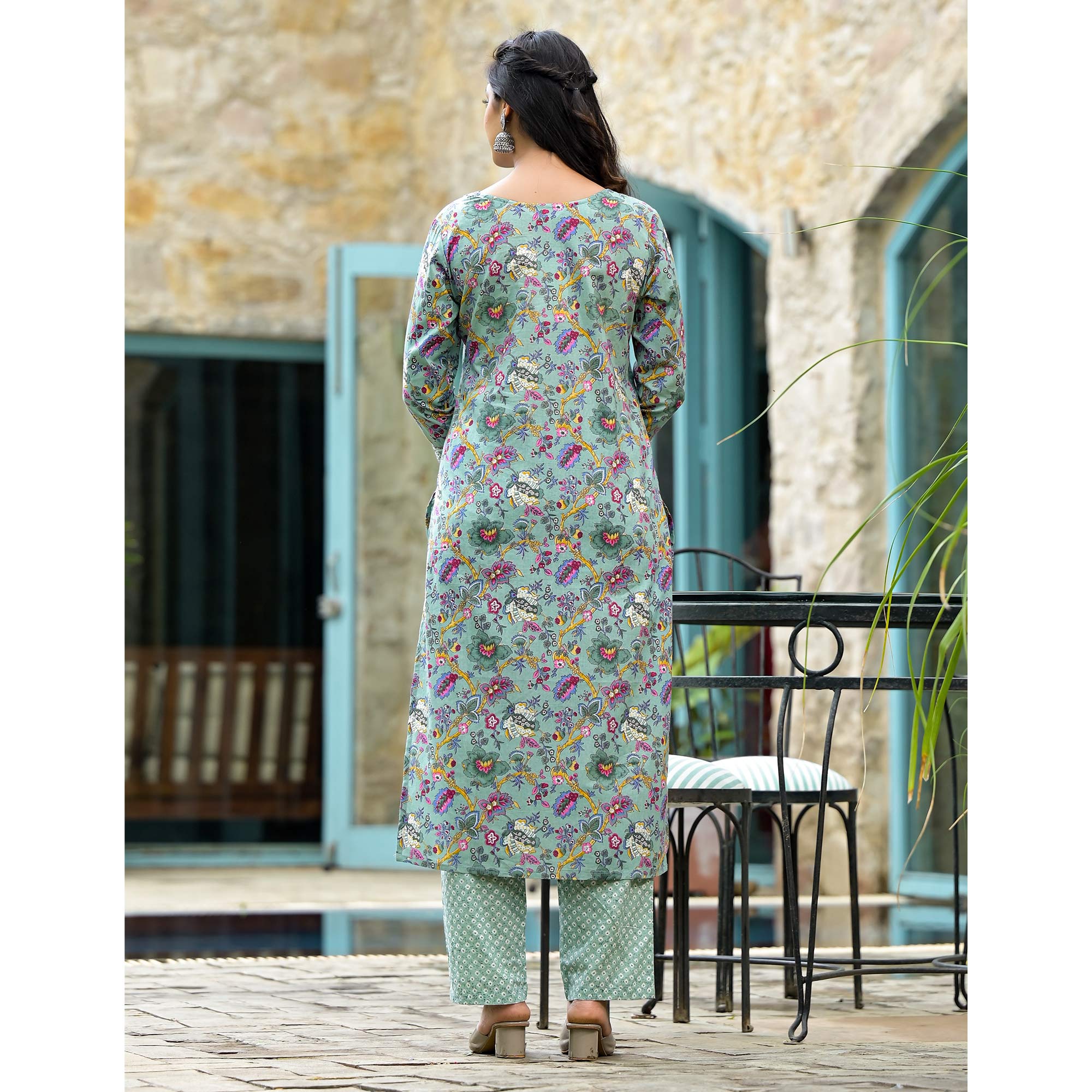 Sea Green Floral Printed With Embroidery Pure Cotton Straight Salwar Suit