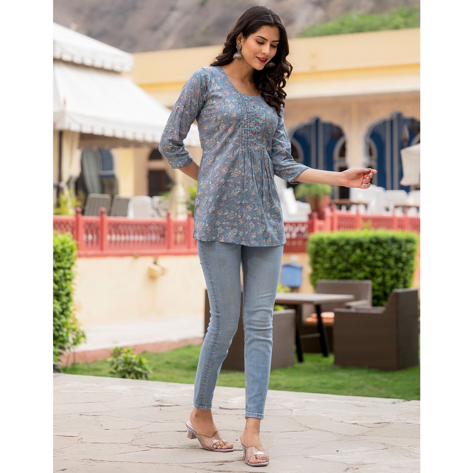 Blue Floral Printed Pure Cotton Top
