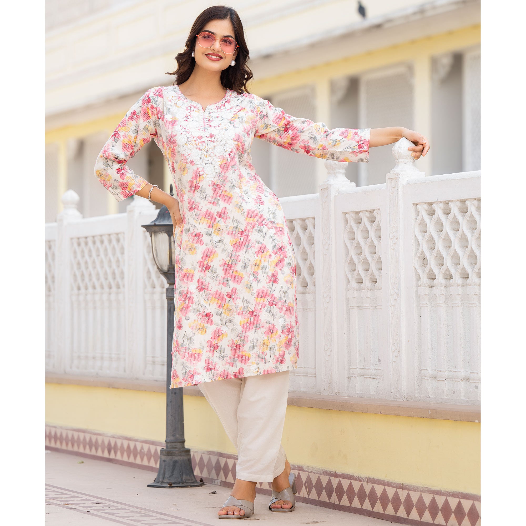 Cream & Pink Floral Printed Rayon Straight Kurti