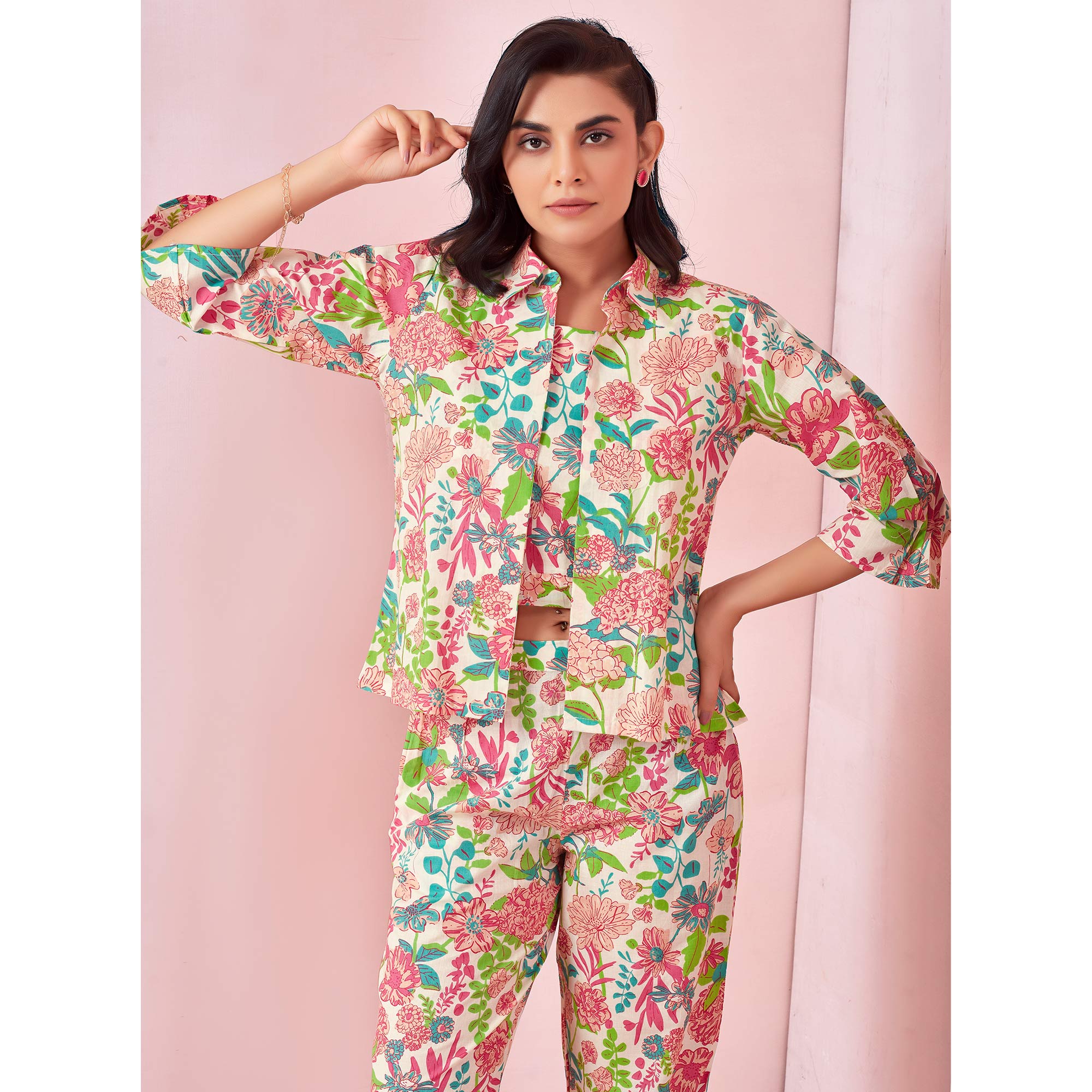 White Floral Printed Pure Cotton Co-ord Set With Jacket