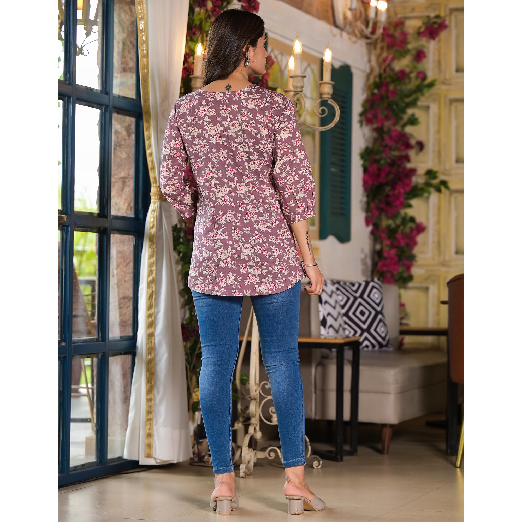 Plum Red Floral Printed Pure Cotton Top