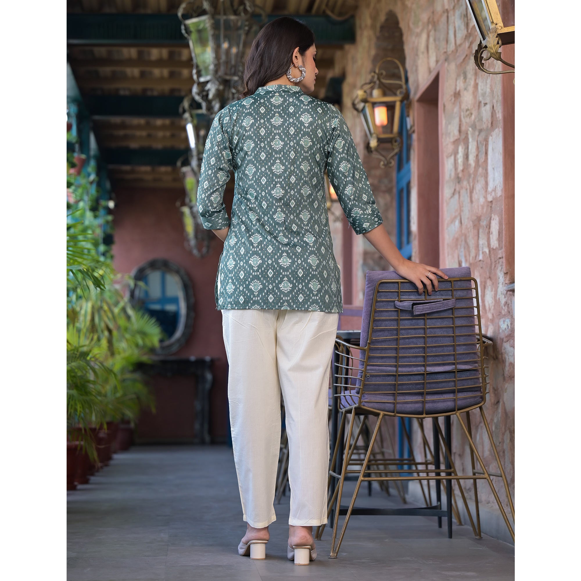 Sea Green Floral Printed Rayon Straight Top