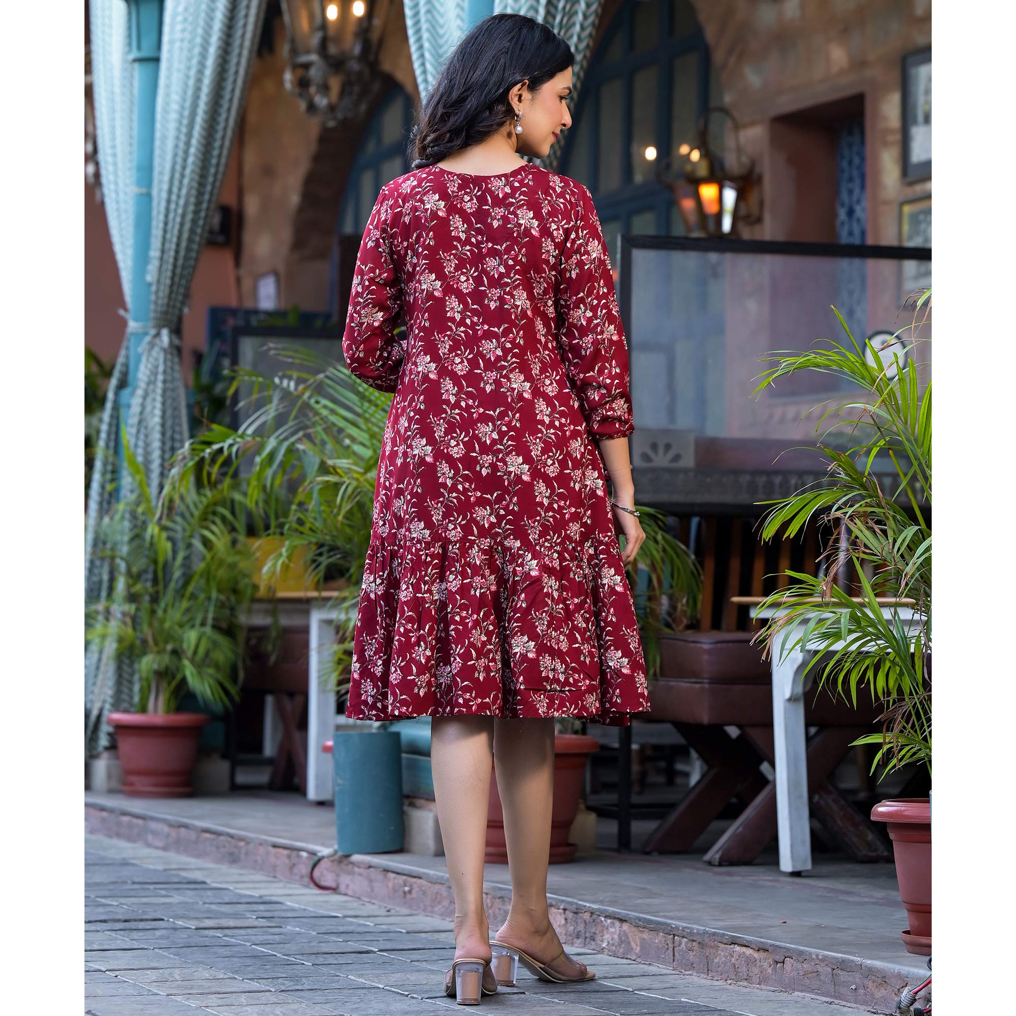 Red Floral Printed Rayon Dress