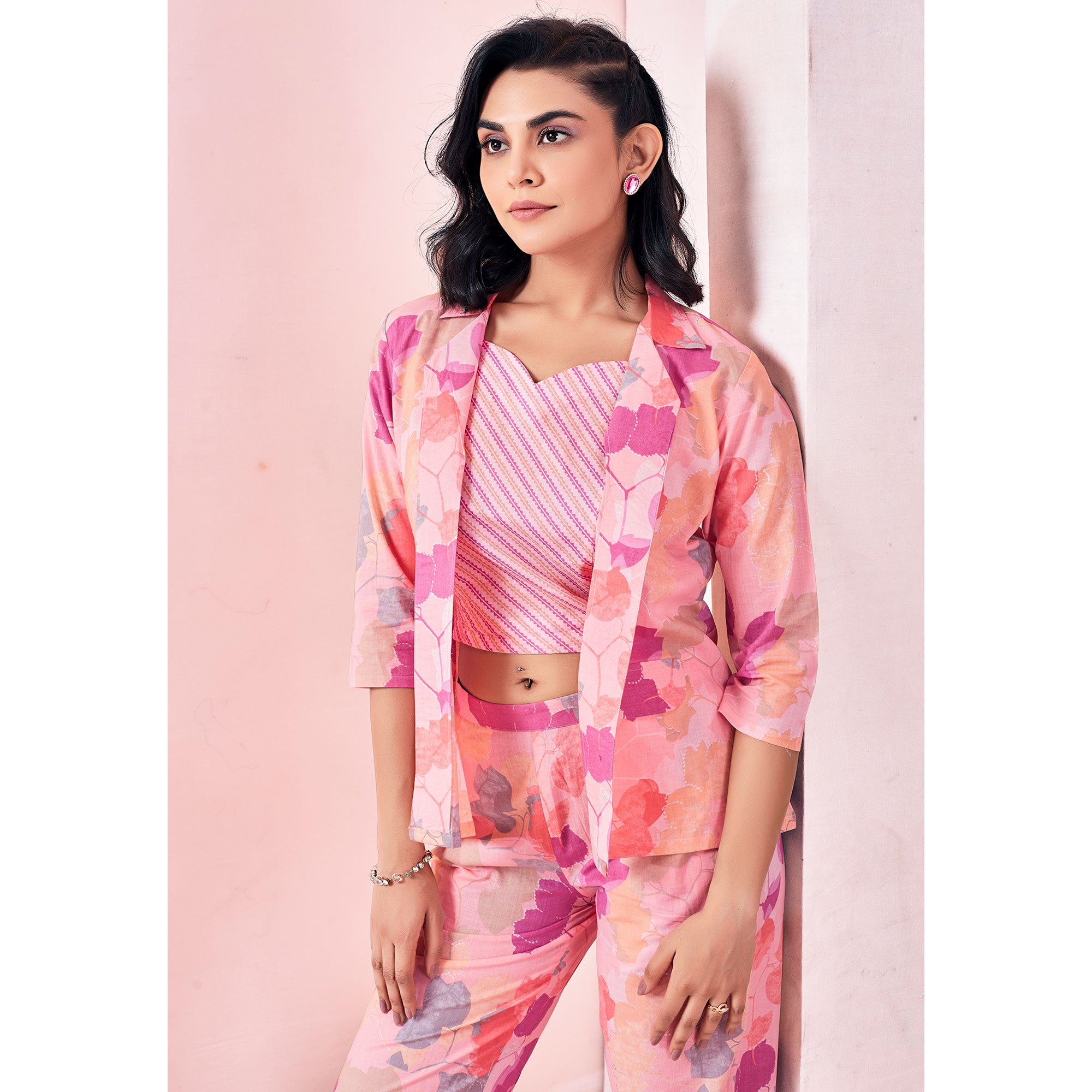 Peach Floral Printed Pure Cotton Co-ord Set With Jacket