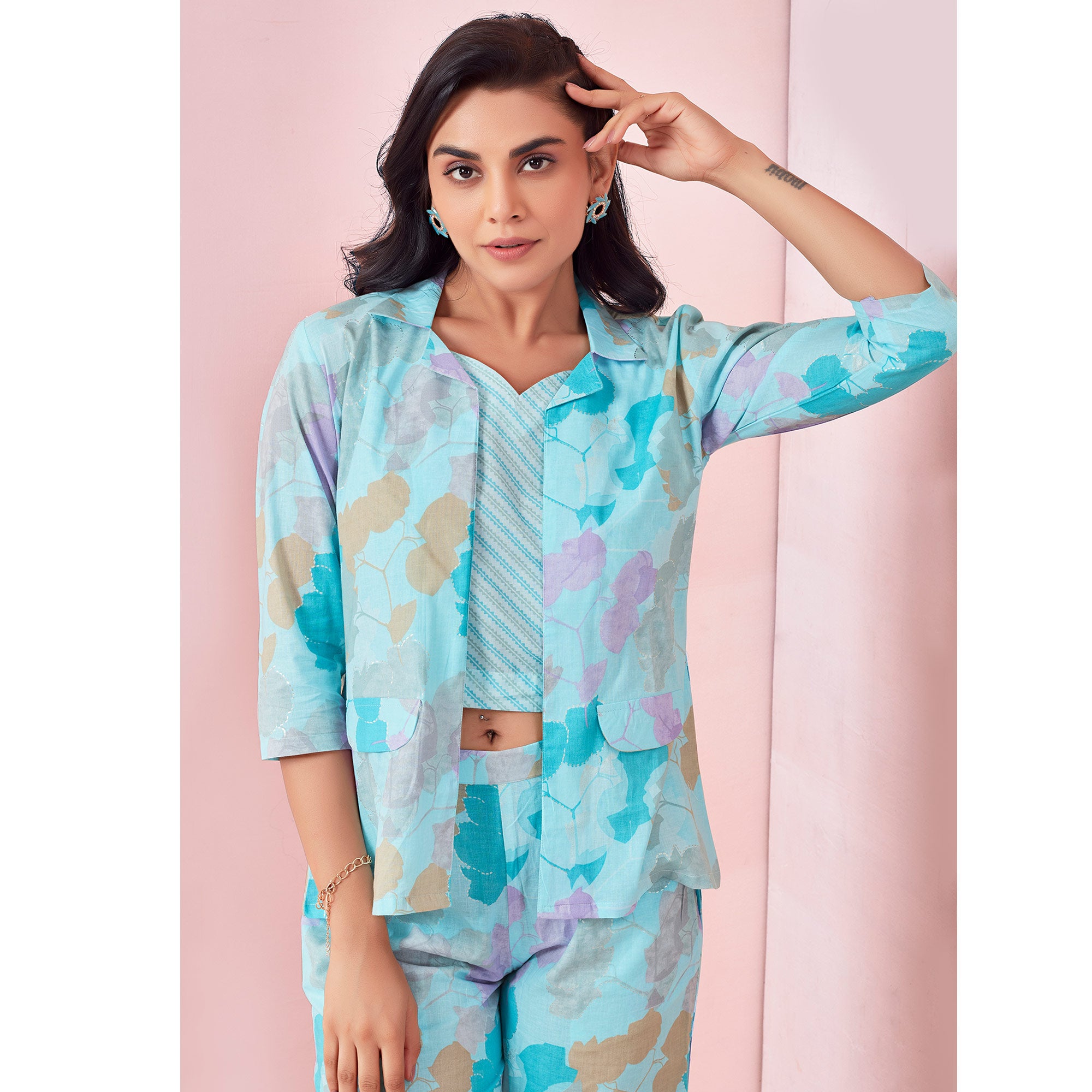 Sky Blue Floral Printed Pure Cotton Co-ord Set With Jacket