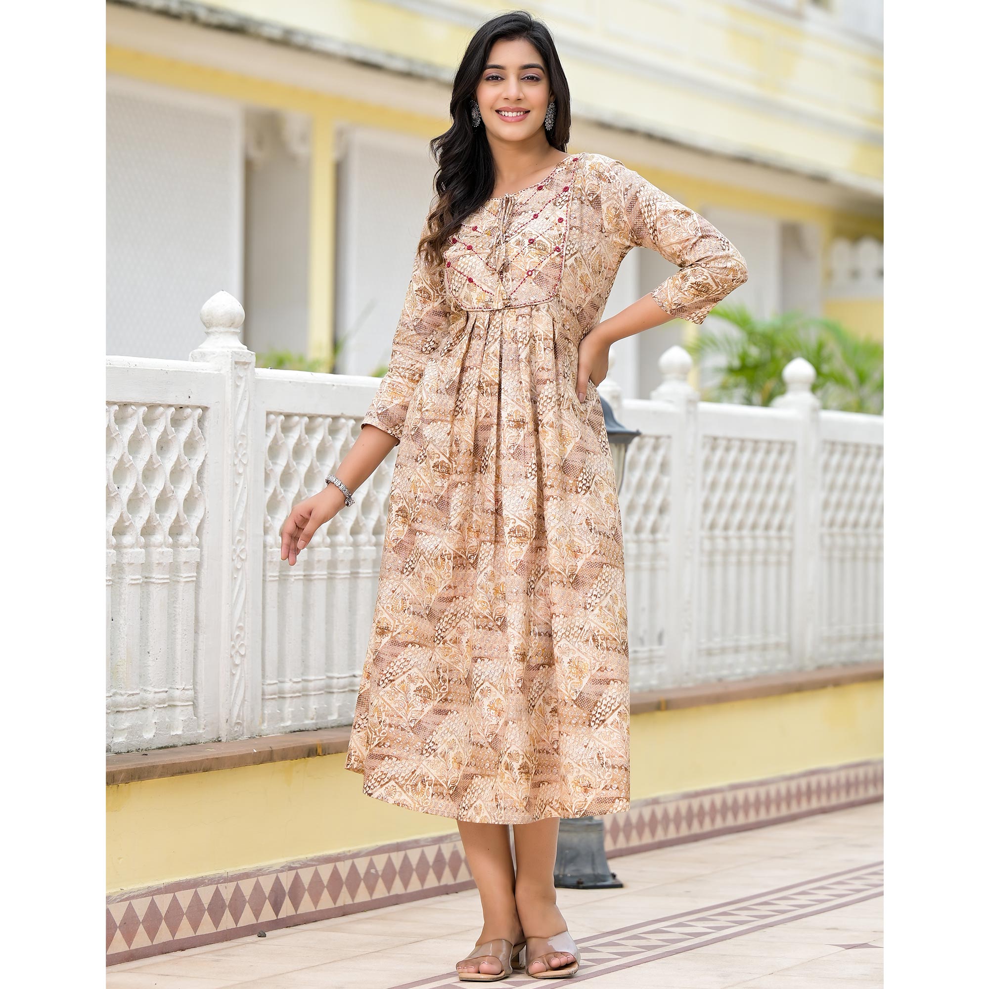 Mustard Floral Printed Pure Cotton A-Line Dress