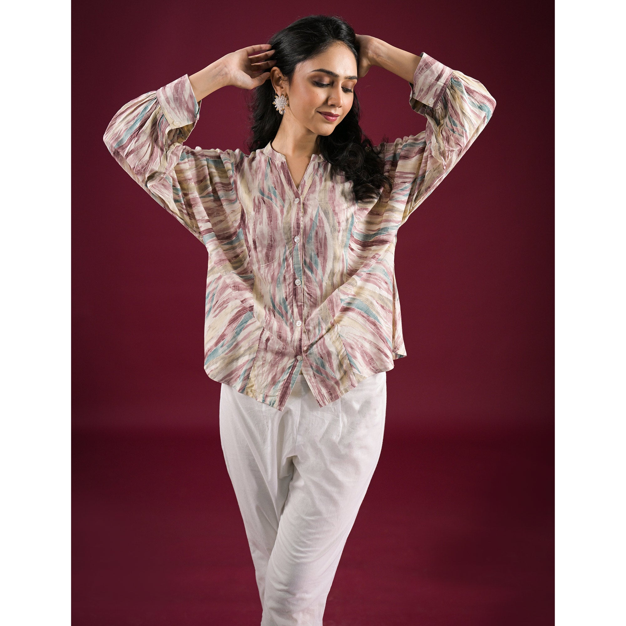 Turquoise Foil Printed Chanderi Silk A-Line Top