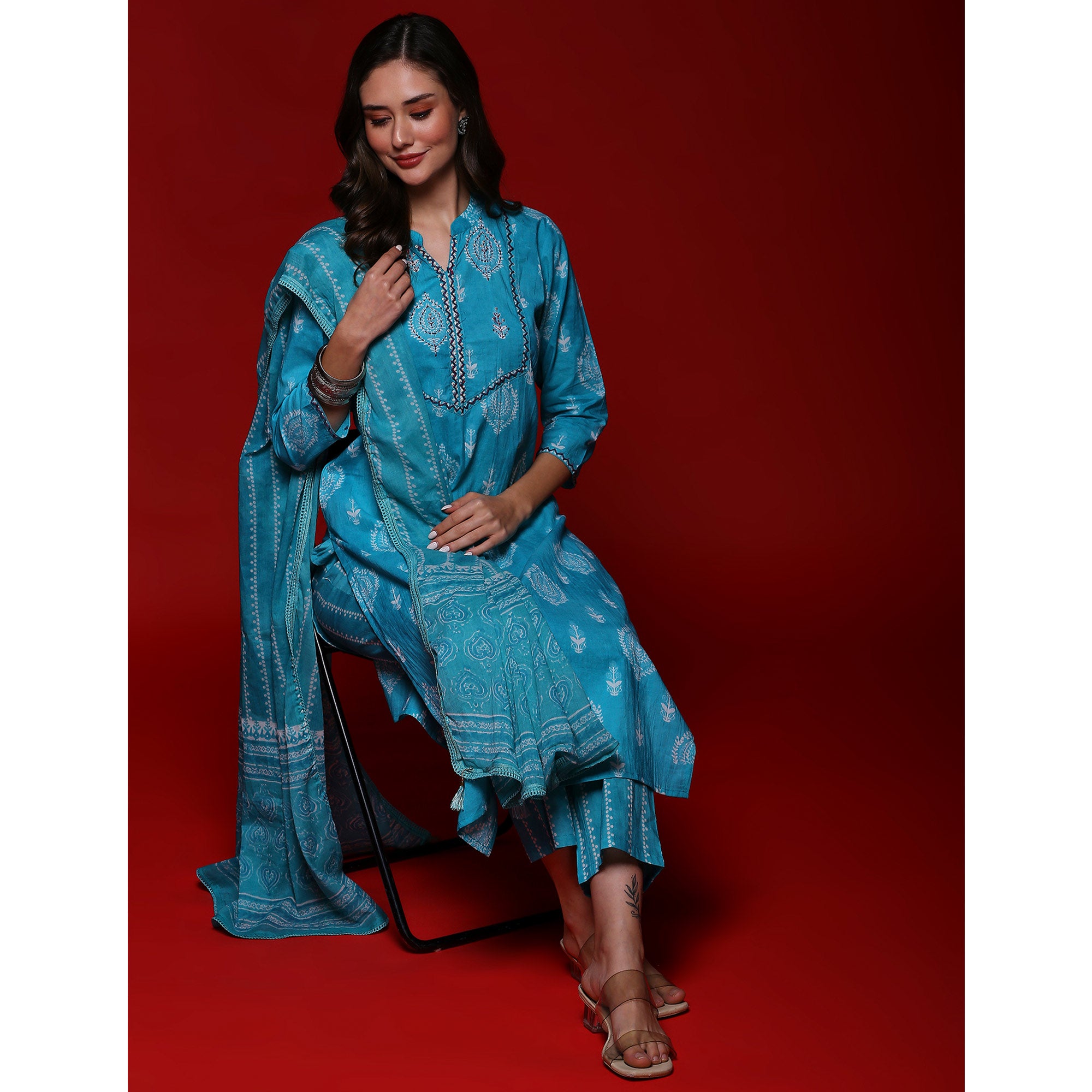 Turquoise Printed Pure Cotton Straight Salwar Suit