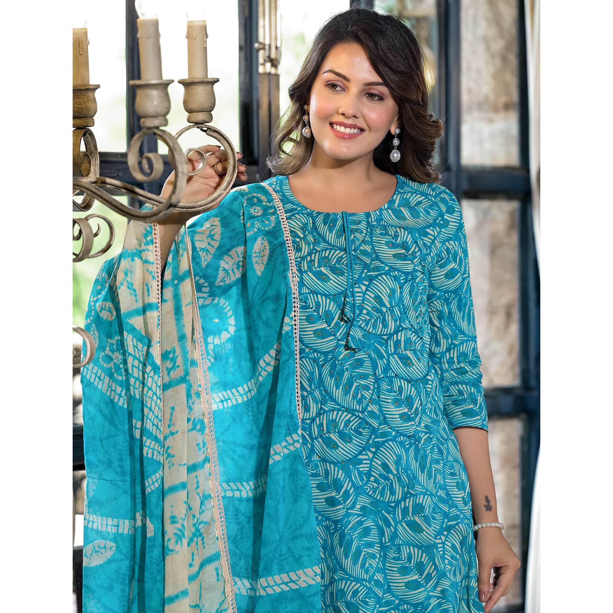 Sky Blue Floral Printed Pure Cotton Straight Salwar Suit