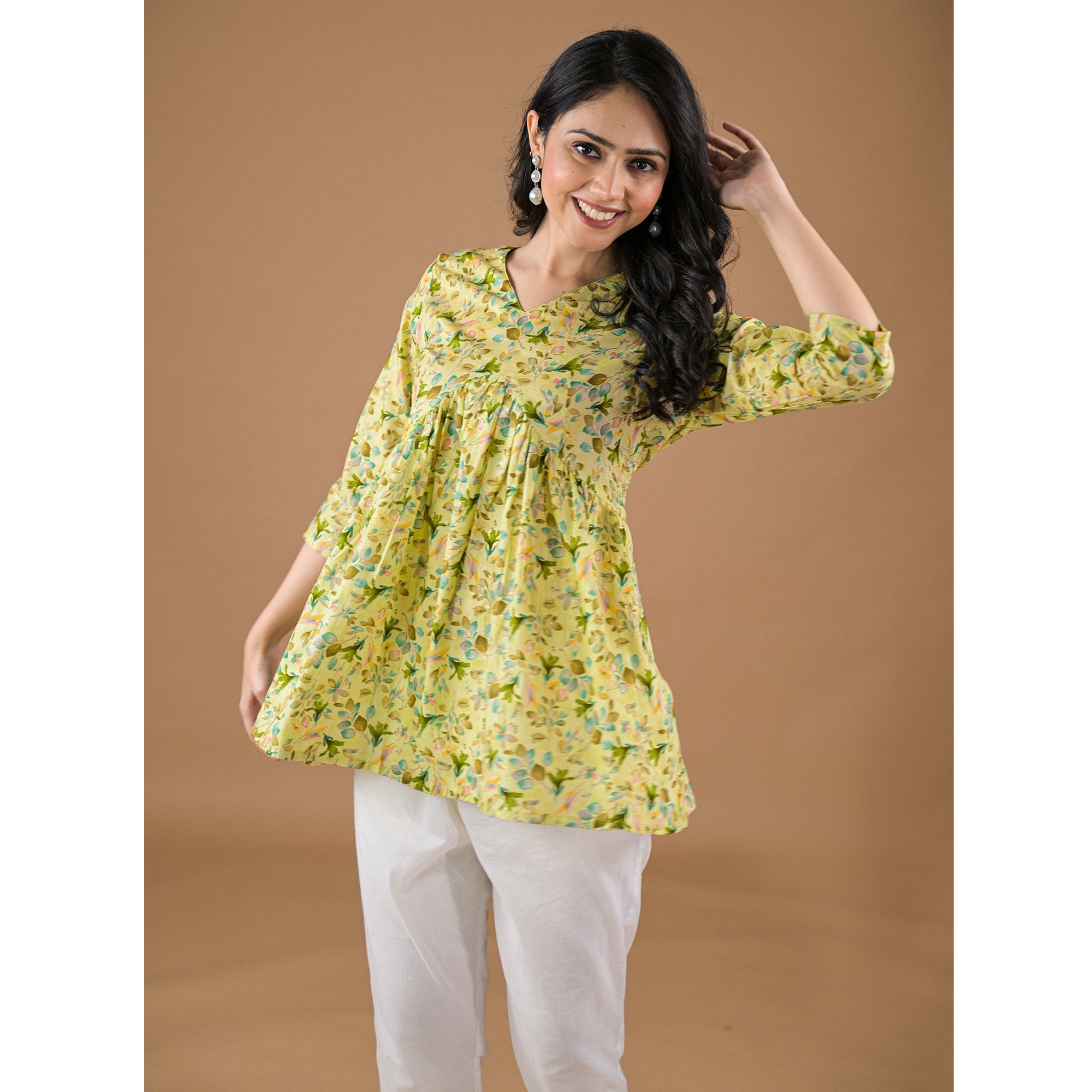 Green Floral Printed Pure Cotton A-Line Top