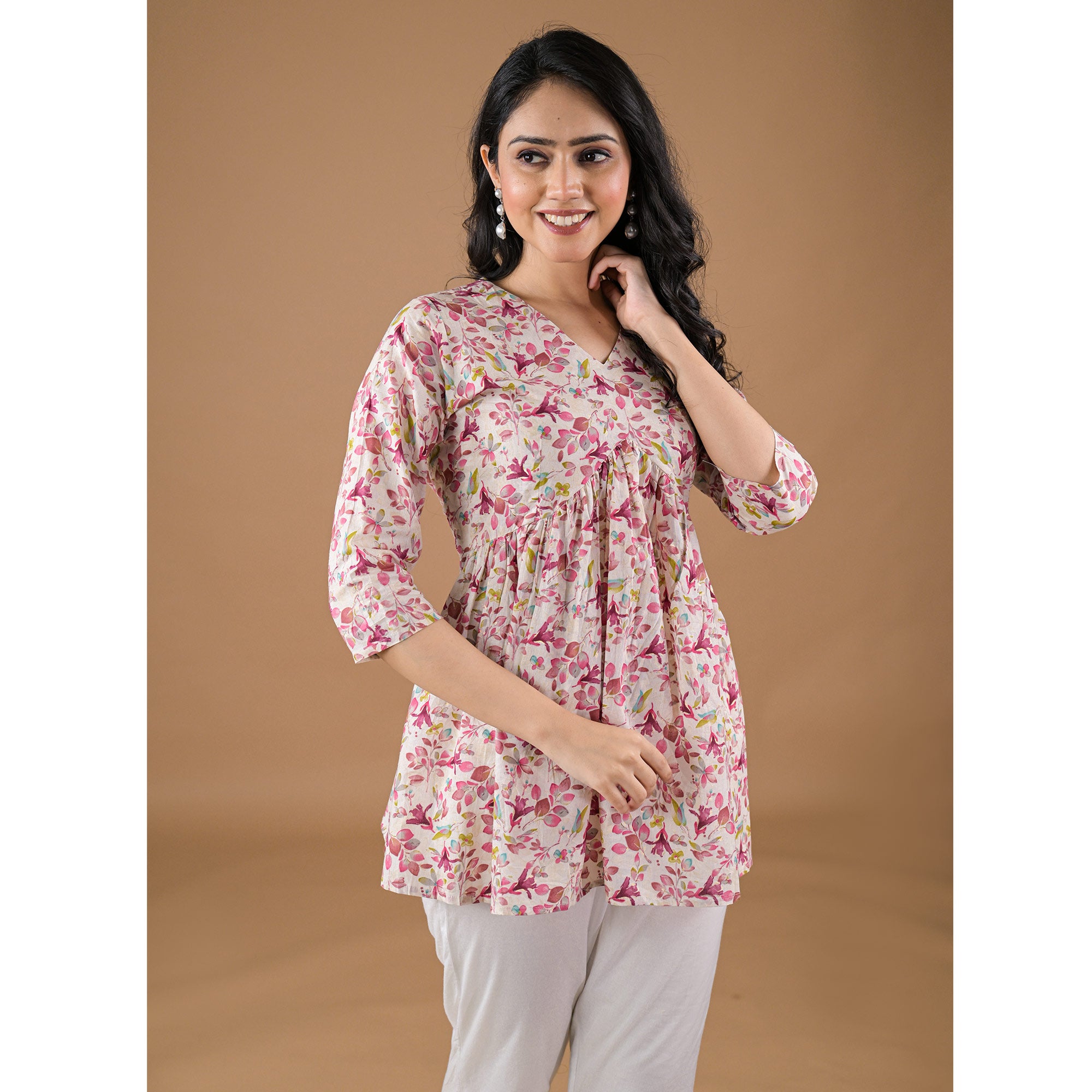 Wine Floral Printed Pure Cotton A-Line Top