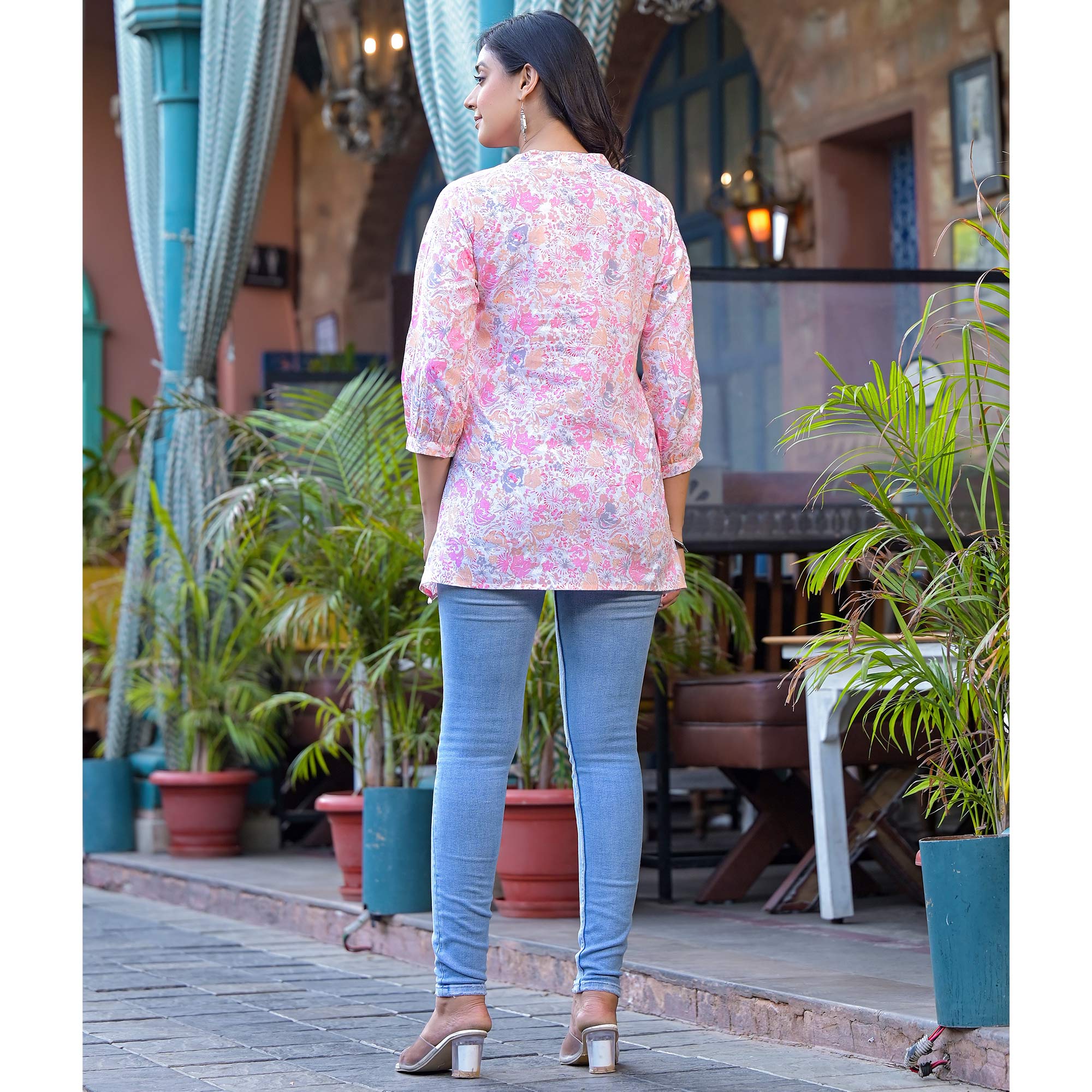 Pink Floral Printed Pure Cotton A-Line Top