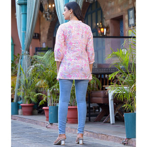 Pink Floral Printed Pure Cotton A-Line Top