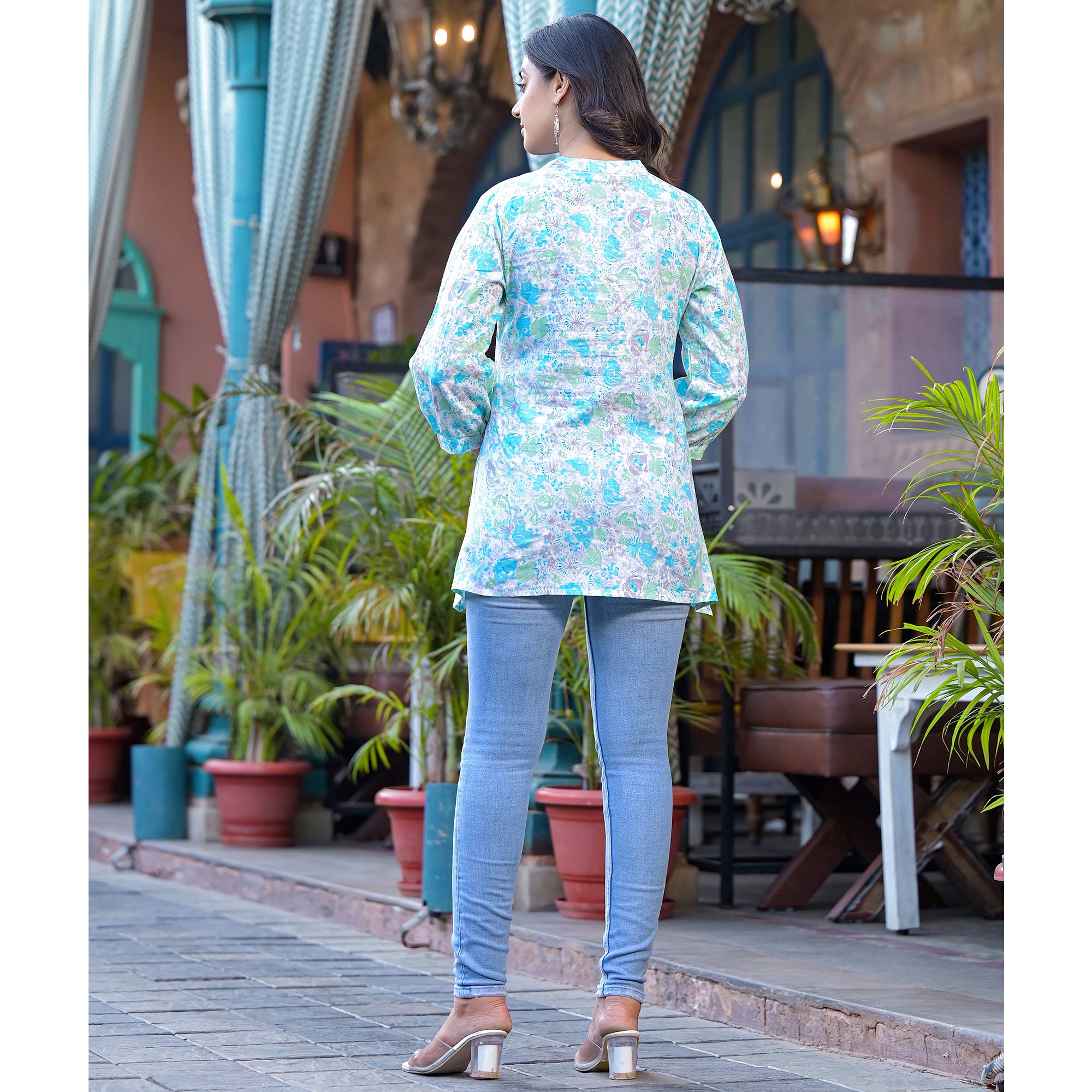 Sky Blue Floral Printed Pure Cotton A-Line Top