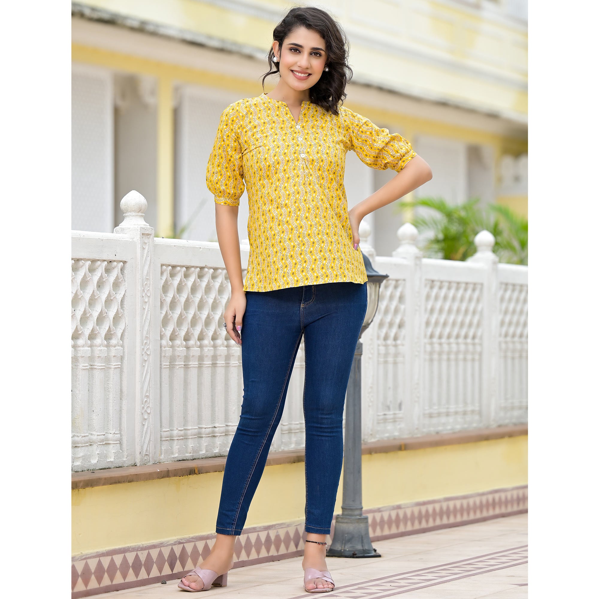 Yellow Foil Printed Pure Cotton A-Line Top
