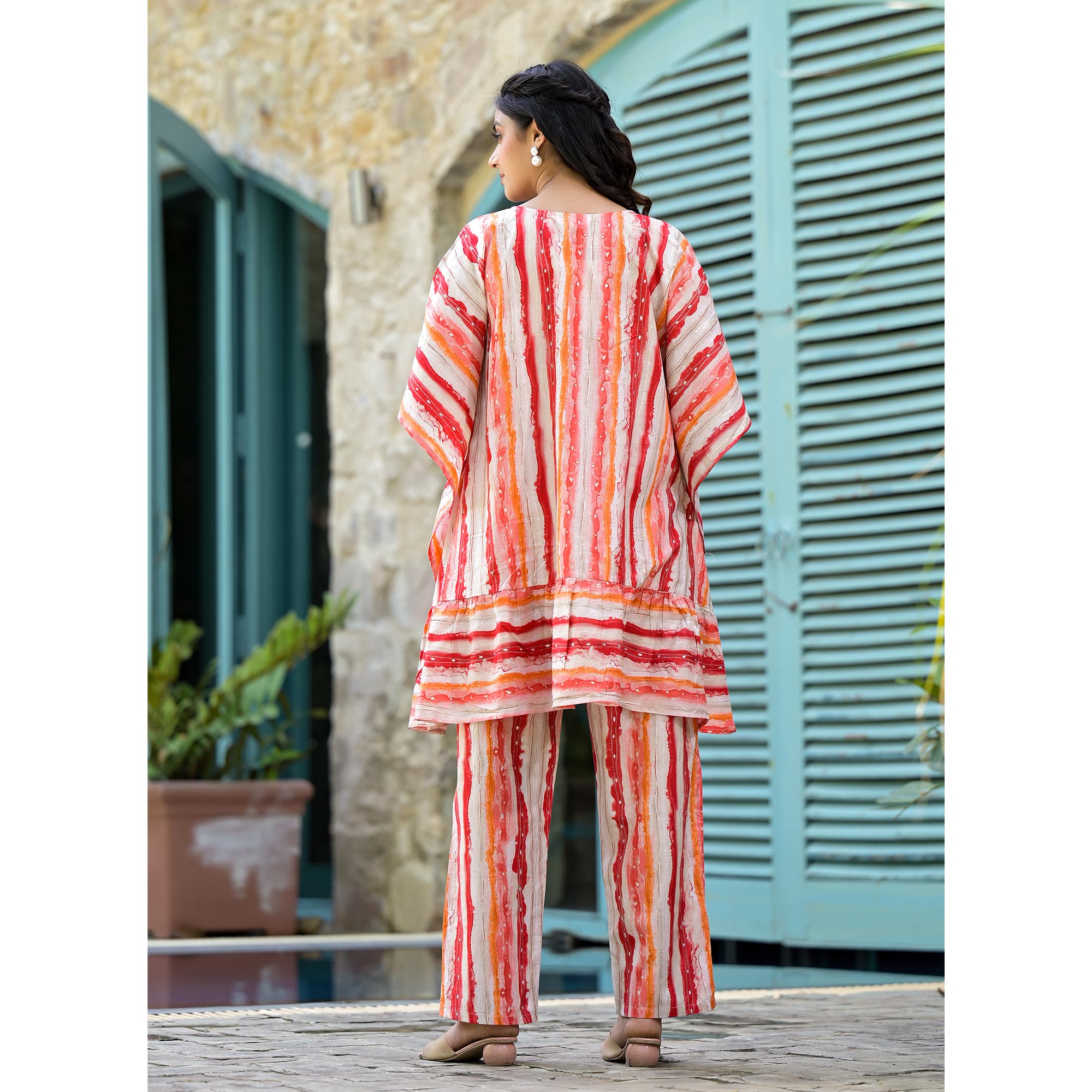 Red Foil Printed Cambric Cotton Kaftan Style Co-Ord Set