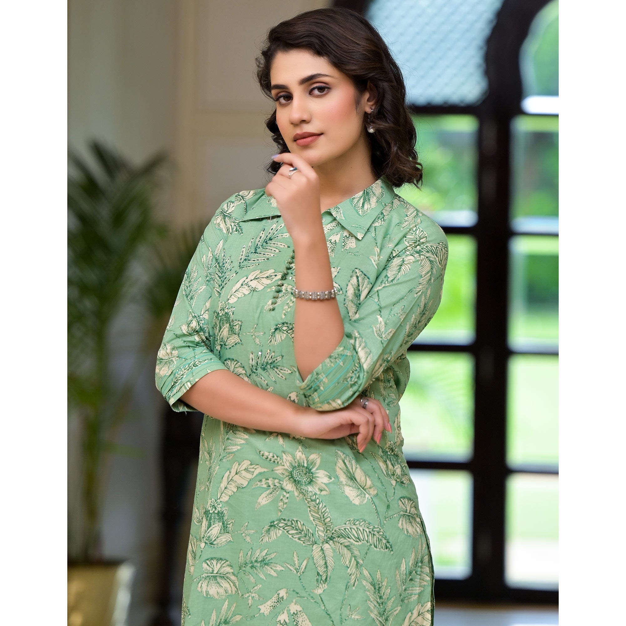 Green Floral Printed Pure Cotton Co-ord Set