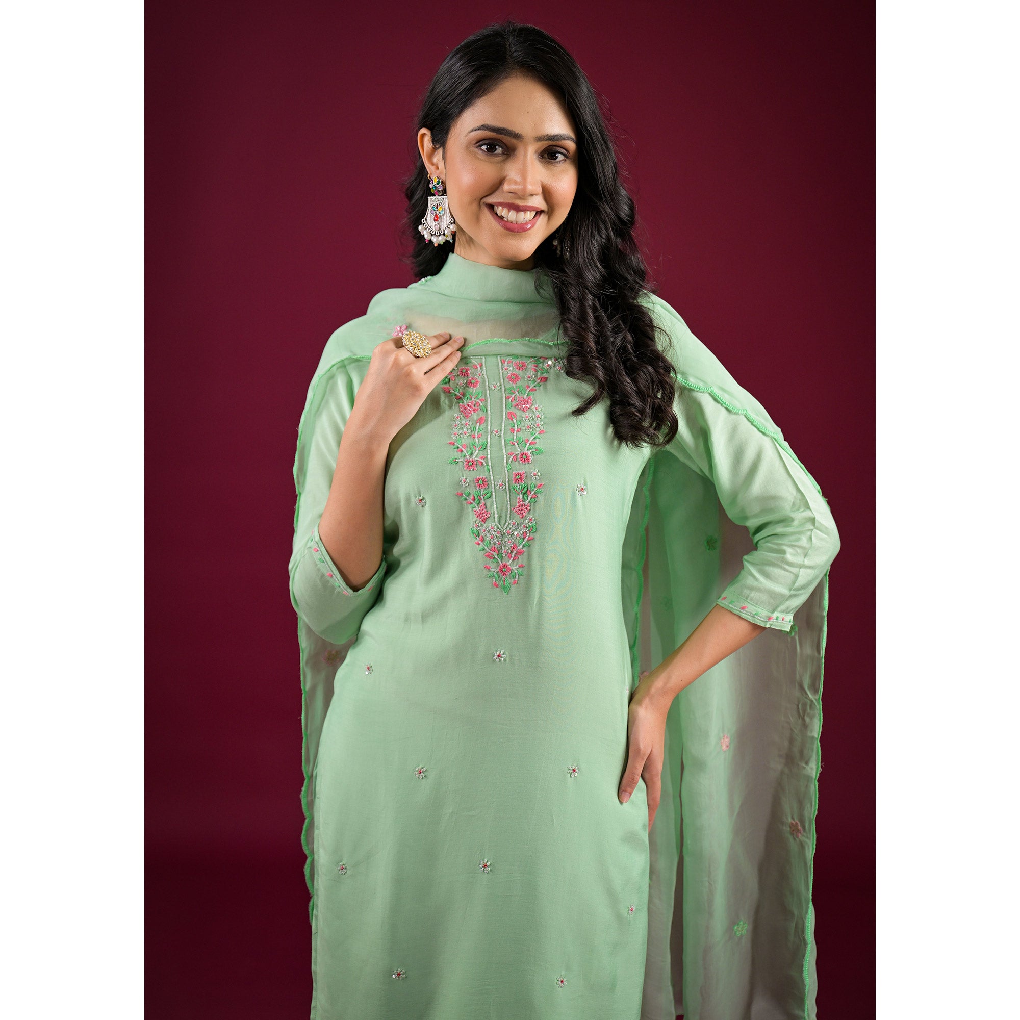 Pista Green Embroidered Muslin Straight Salwar Suit