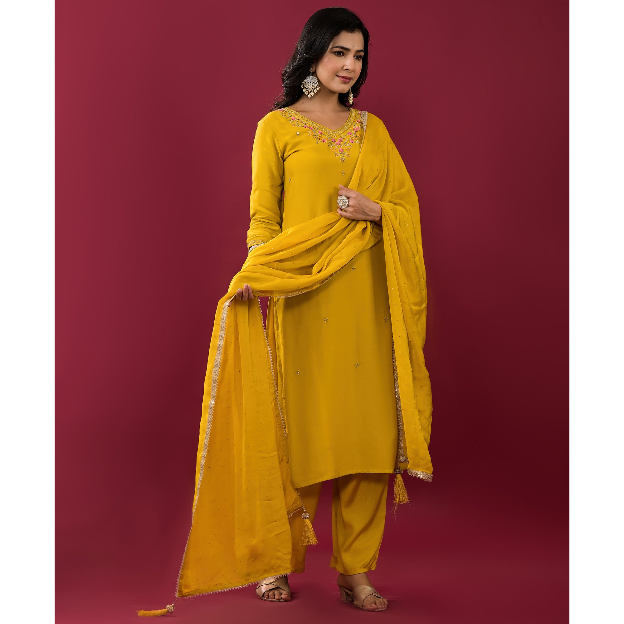 Mustard Embroidered Muslin Straight Salwar Suit