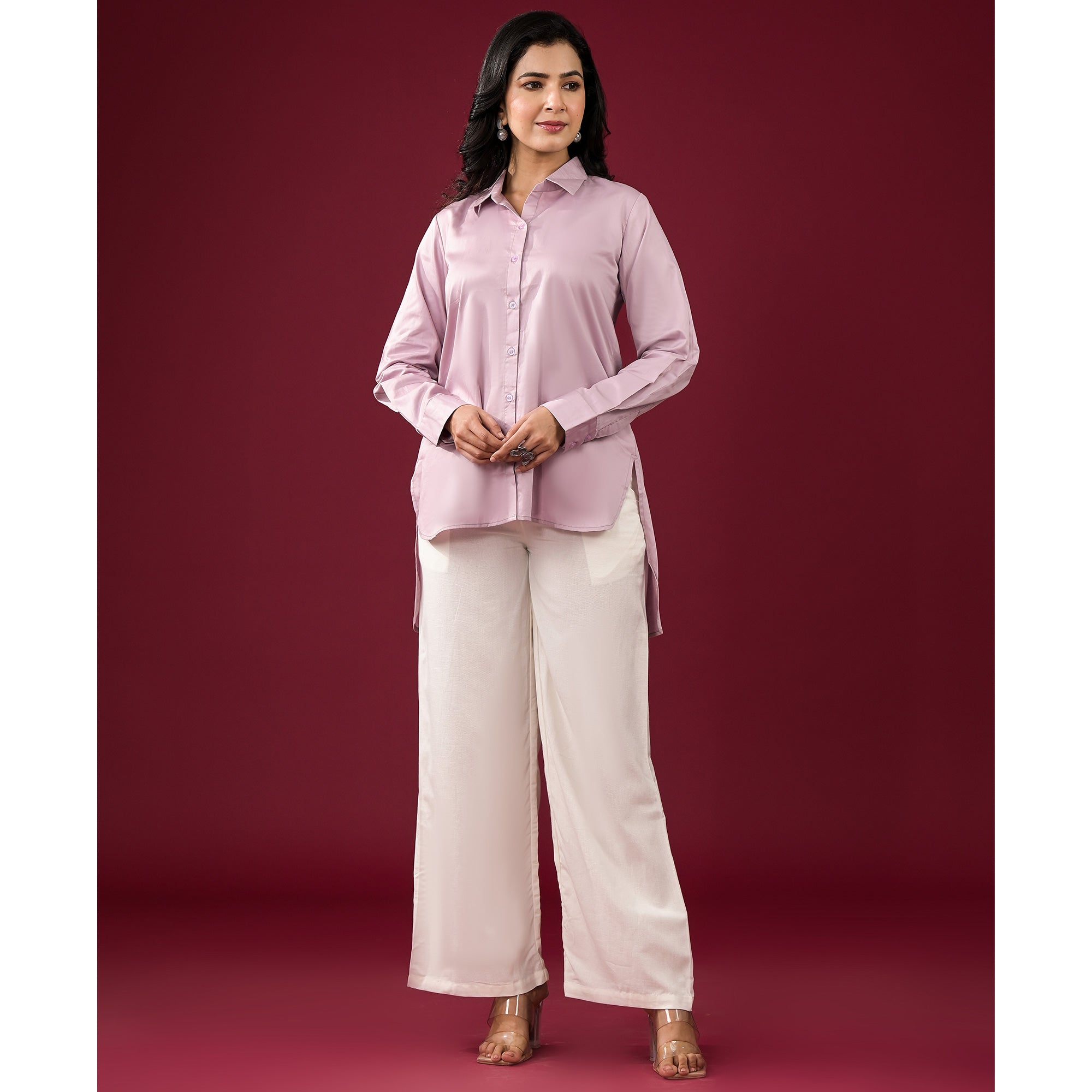 Lavender Solid Satin High-Low Shirt