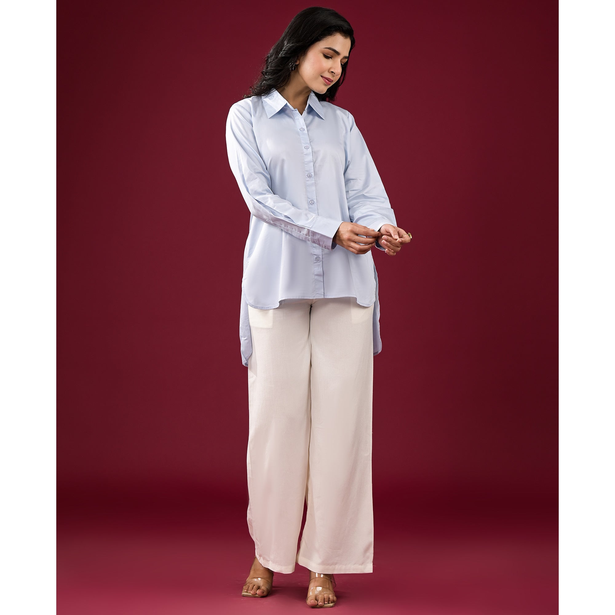 Light Blue Solid Satin High-Low Shirt