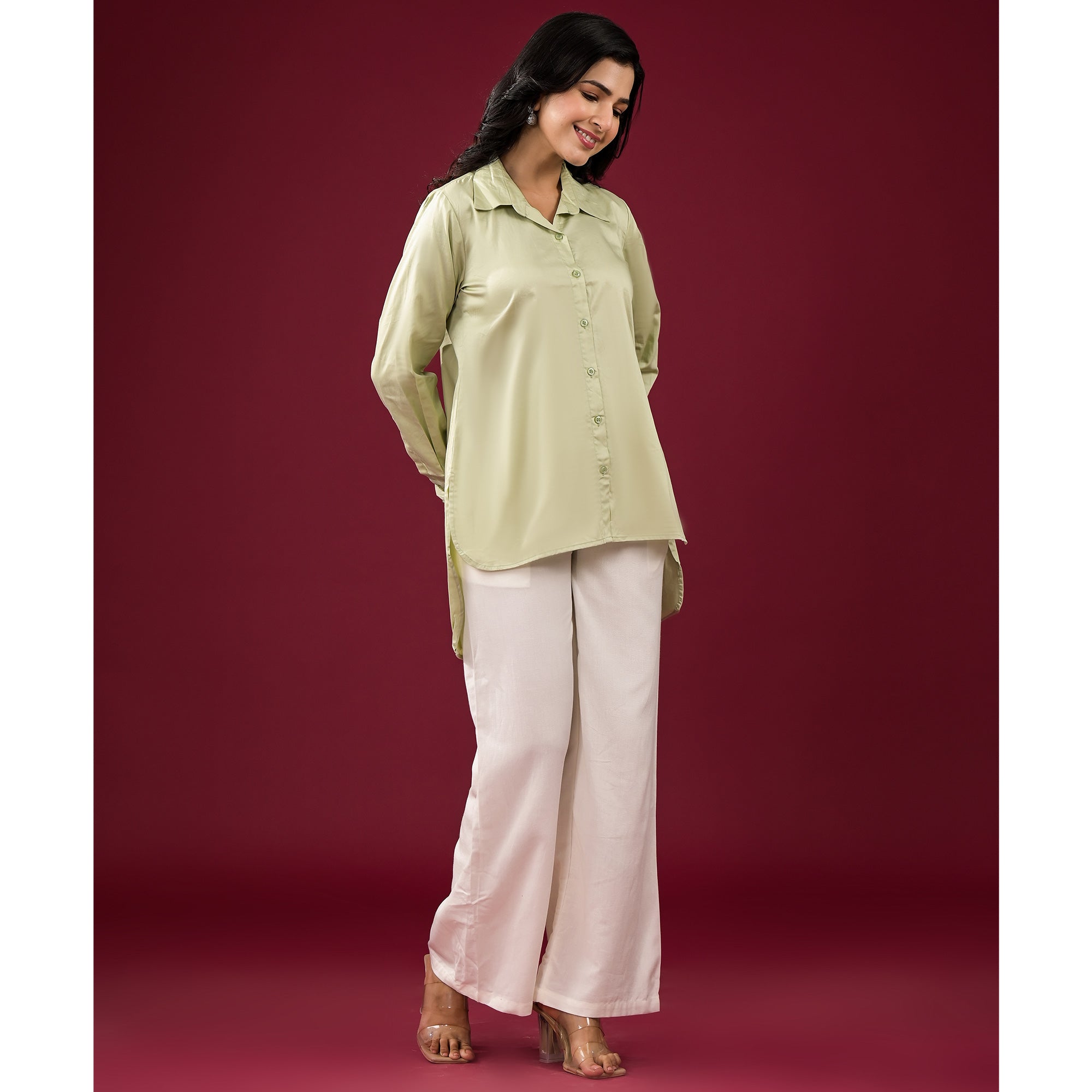 Pista Green Solid Satin High-Low Shirt