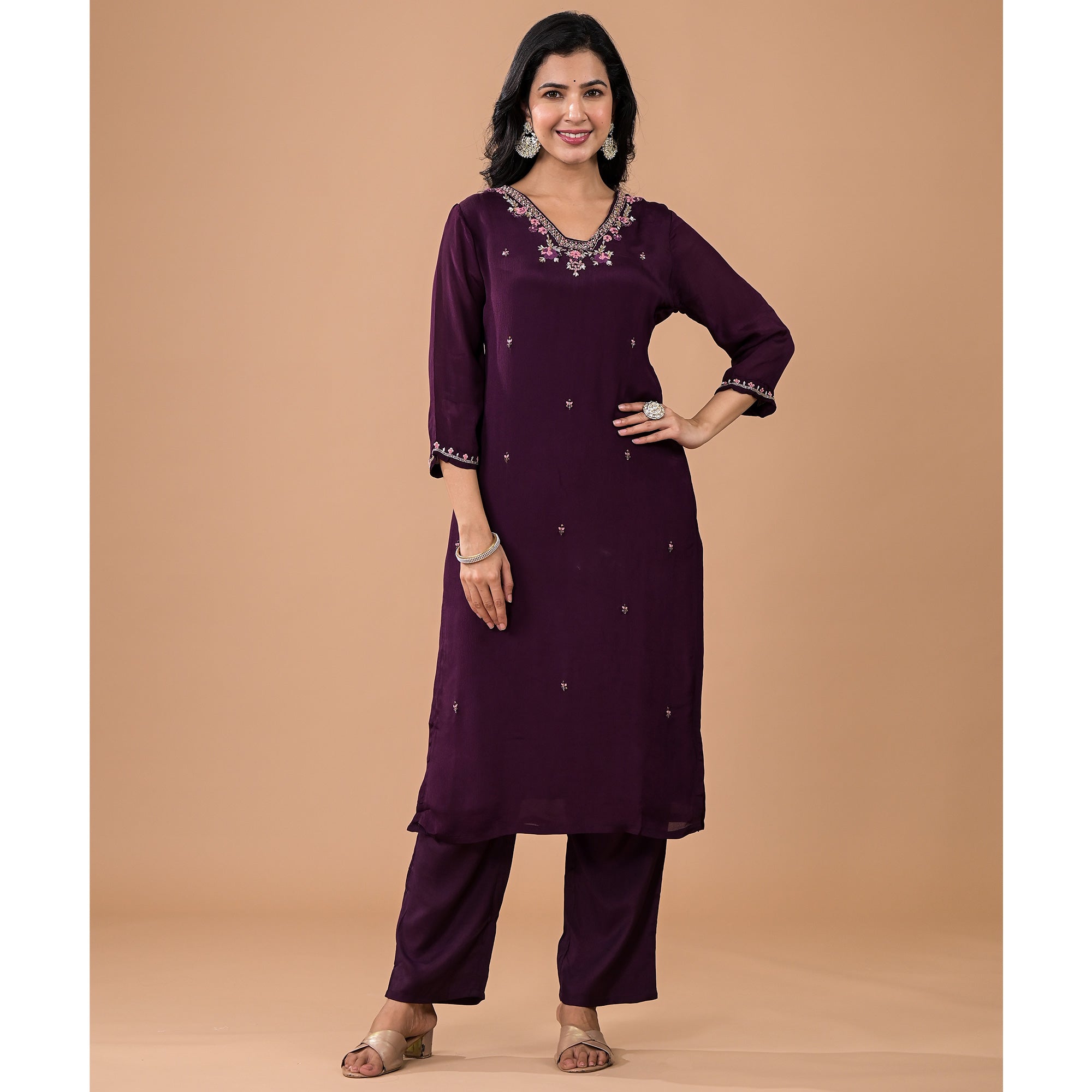 Purple Embroiderd Chinon Straight Salwar Suit
