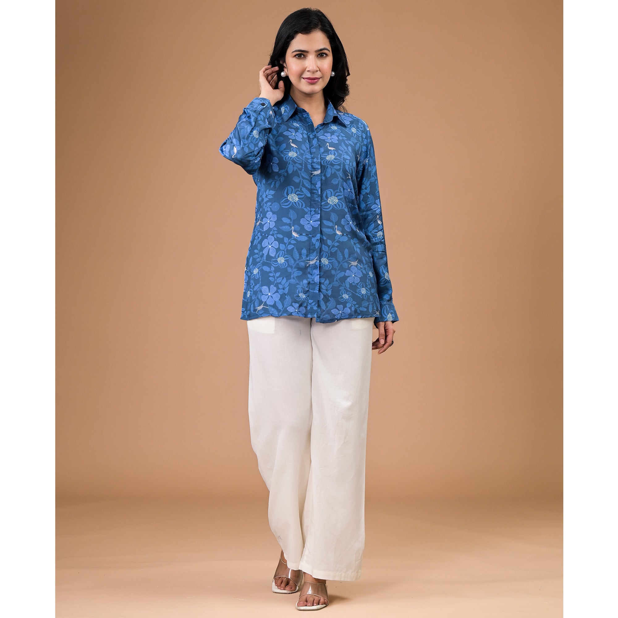 Blue Foil Printed Muslin Shirt